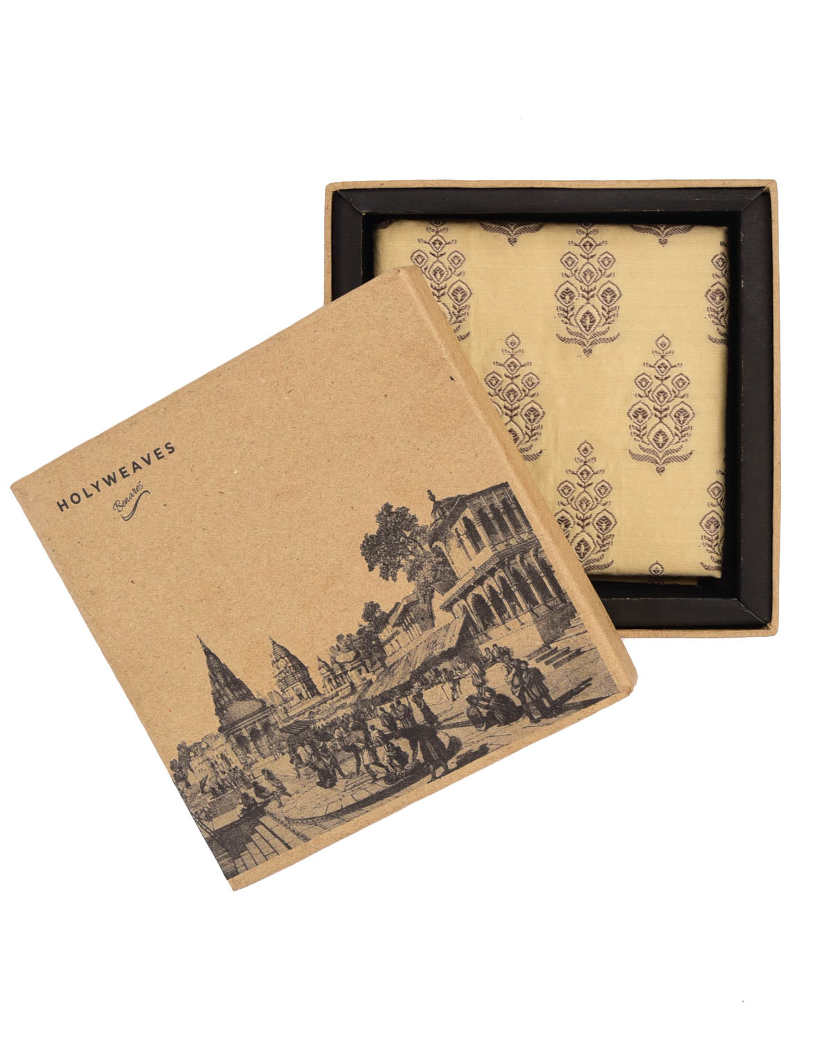 Beige Banarasi Buta Antique Zari Brocade Handwoven Cotton Silk Pocket Square-HolyWeaves