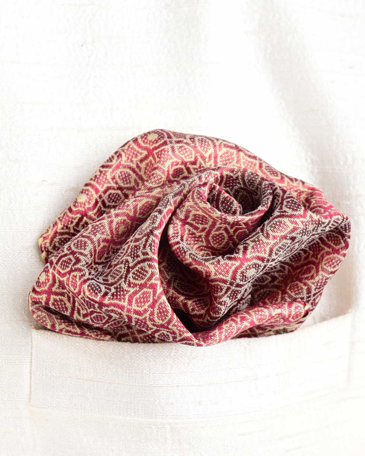 Maroon On Beige Mosaic Tanchoi Handwoven Silk Pocket Square for Men with Spiral Hand-Hemming-HolyWeaves