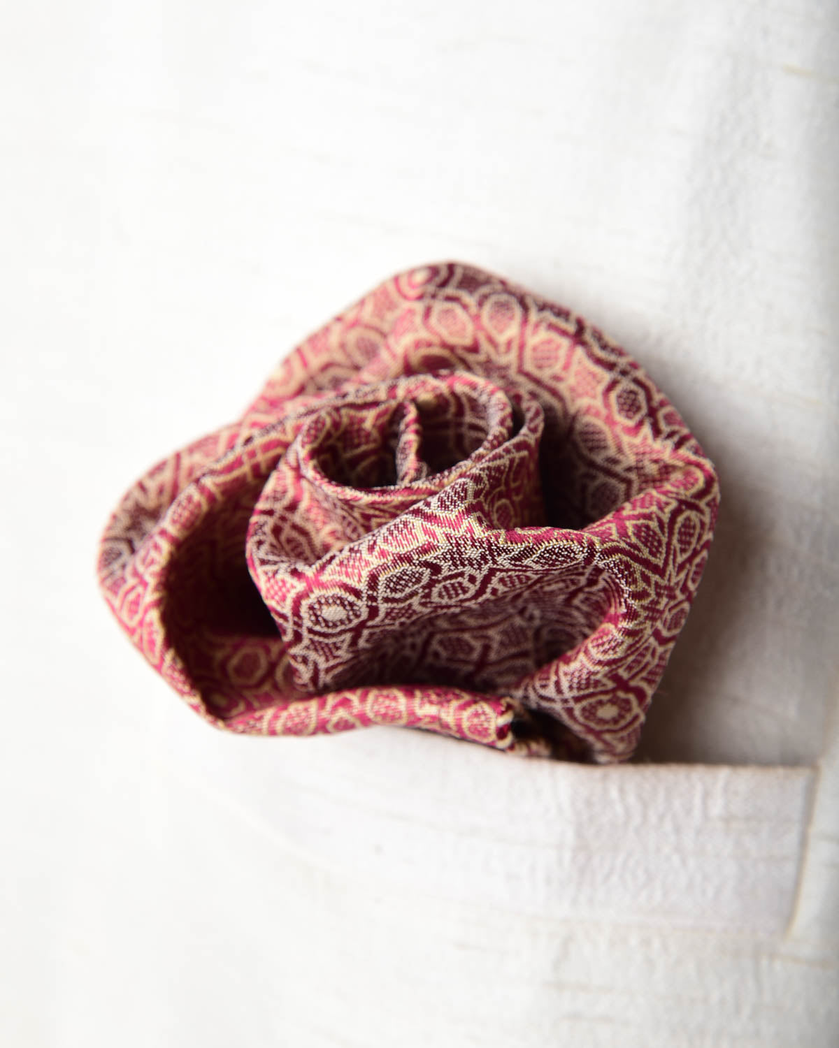 Maroon On Beige Mosaic Tanchoi Handwoven Silk Pocket Square for Men with Spiral Hand-Hemming-HolyWeaves