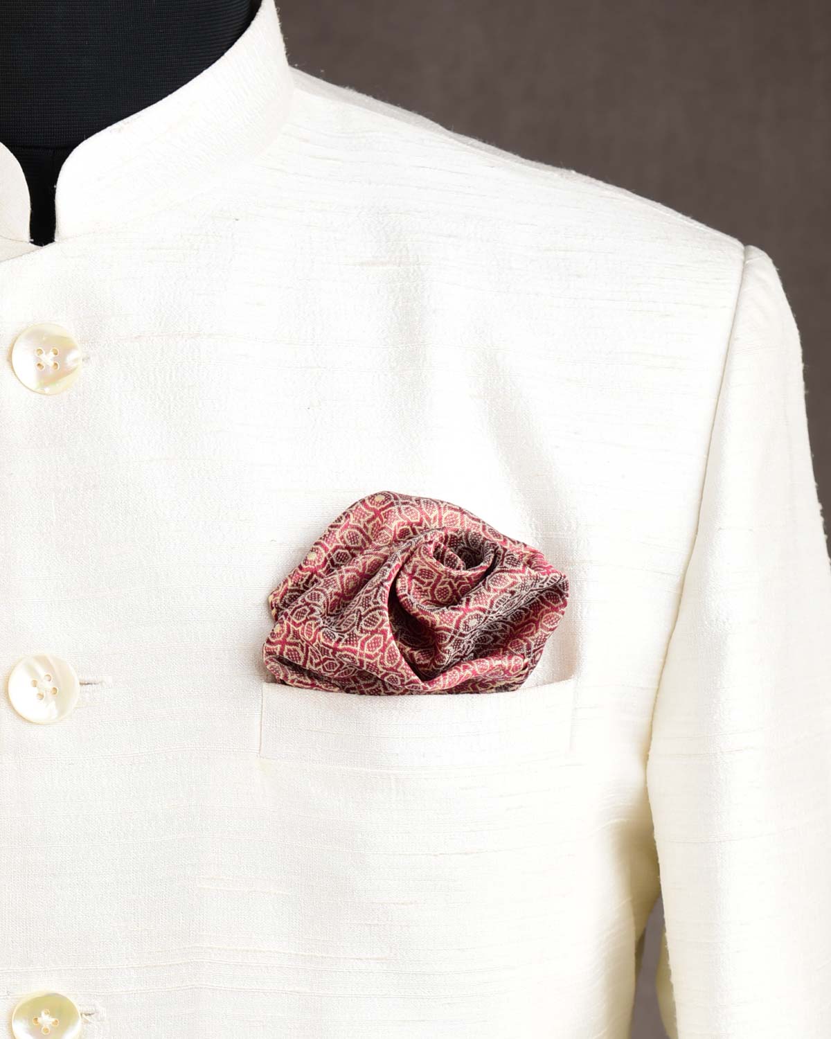 Maroon On Beige Mosaic Tanchoi Handwoven Silk Pocket Square for Men with Spiral Hand-Hemming-HolyWeaves