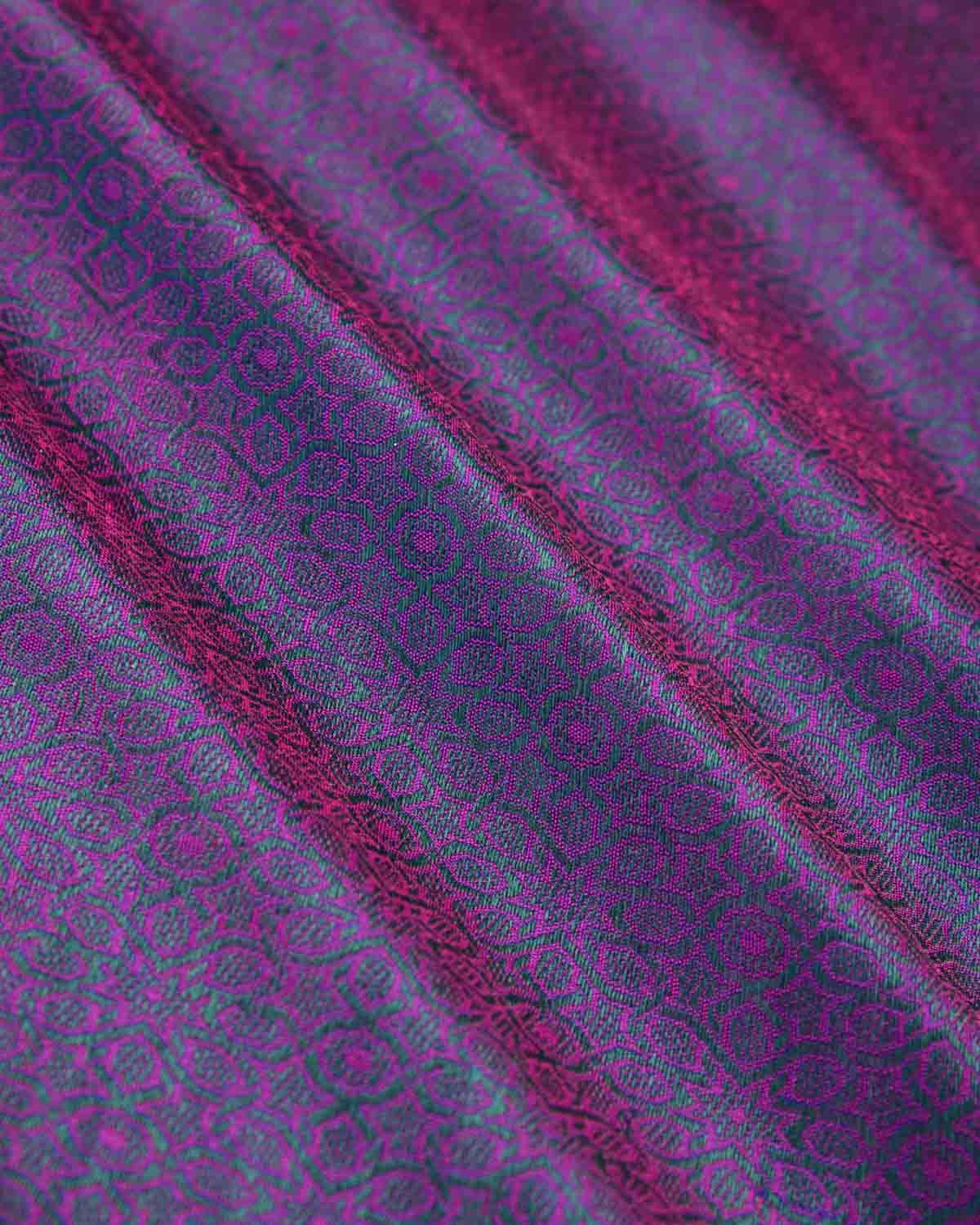 Green On Magenta Banarasi Moroccon Mosaic Tanchoi Handwoven Silk Pocket Square-HolyWeaves