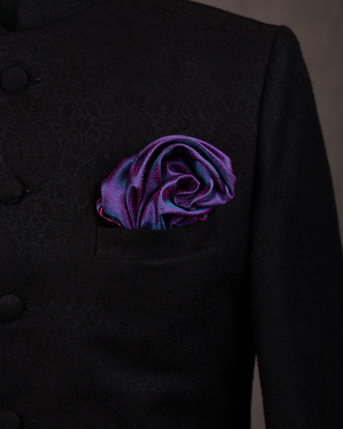 Green On Magenta Banarasi Moroccon Mosaic Tanchoi Handwoven Silk Pocket Square-HolyWeaves