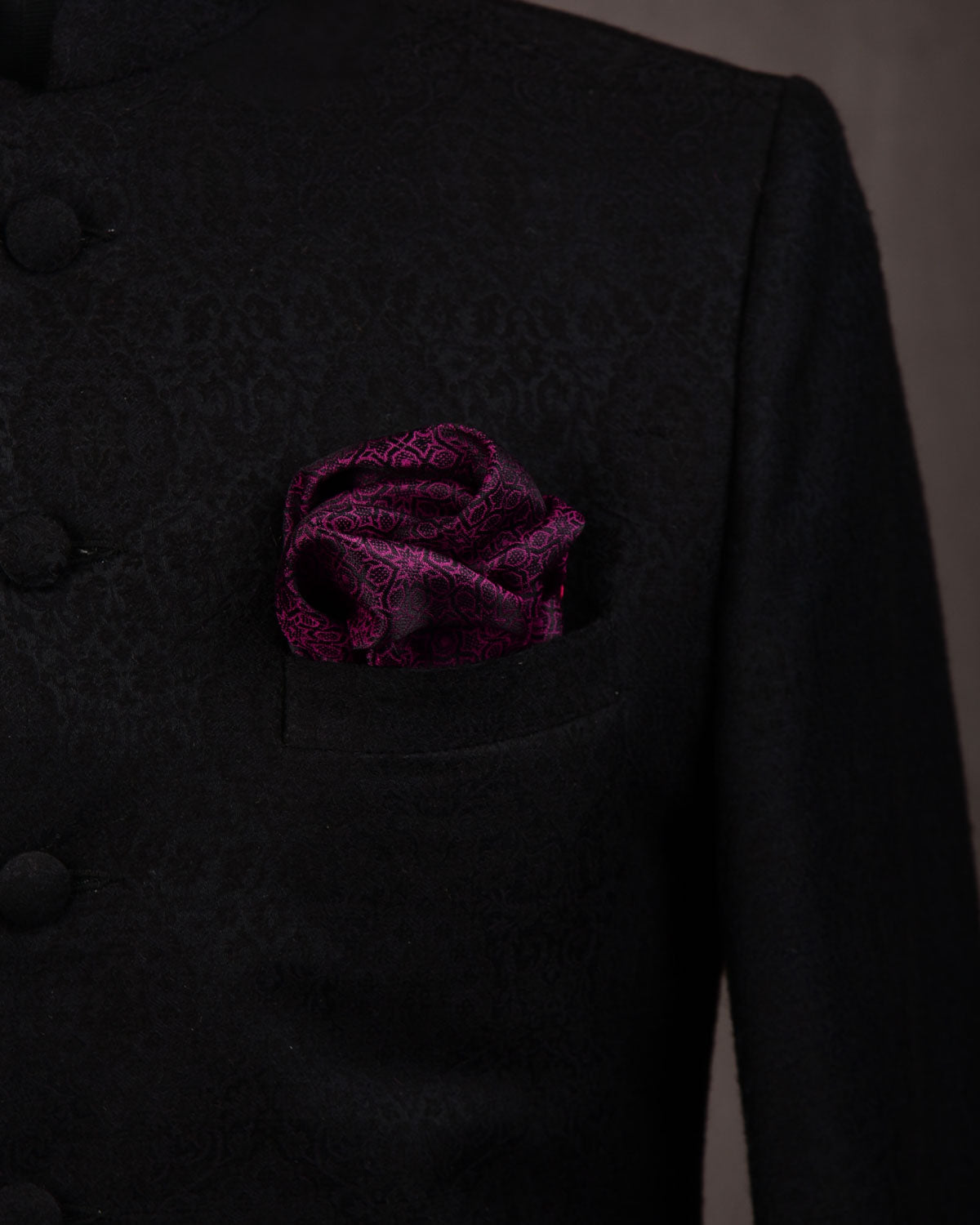 Black on Magenta Banarasi Moroccon Mosaic Tanchoi Handwoven Silk Pocket Square-HolyWeaves