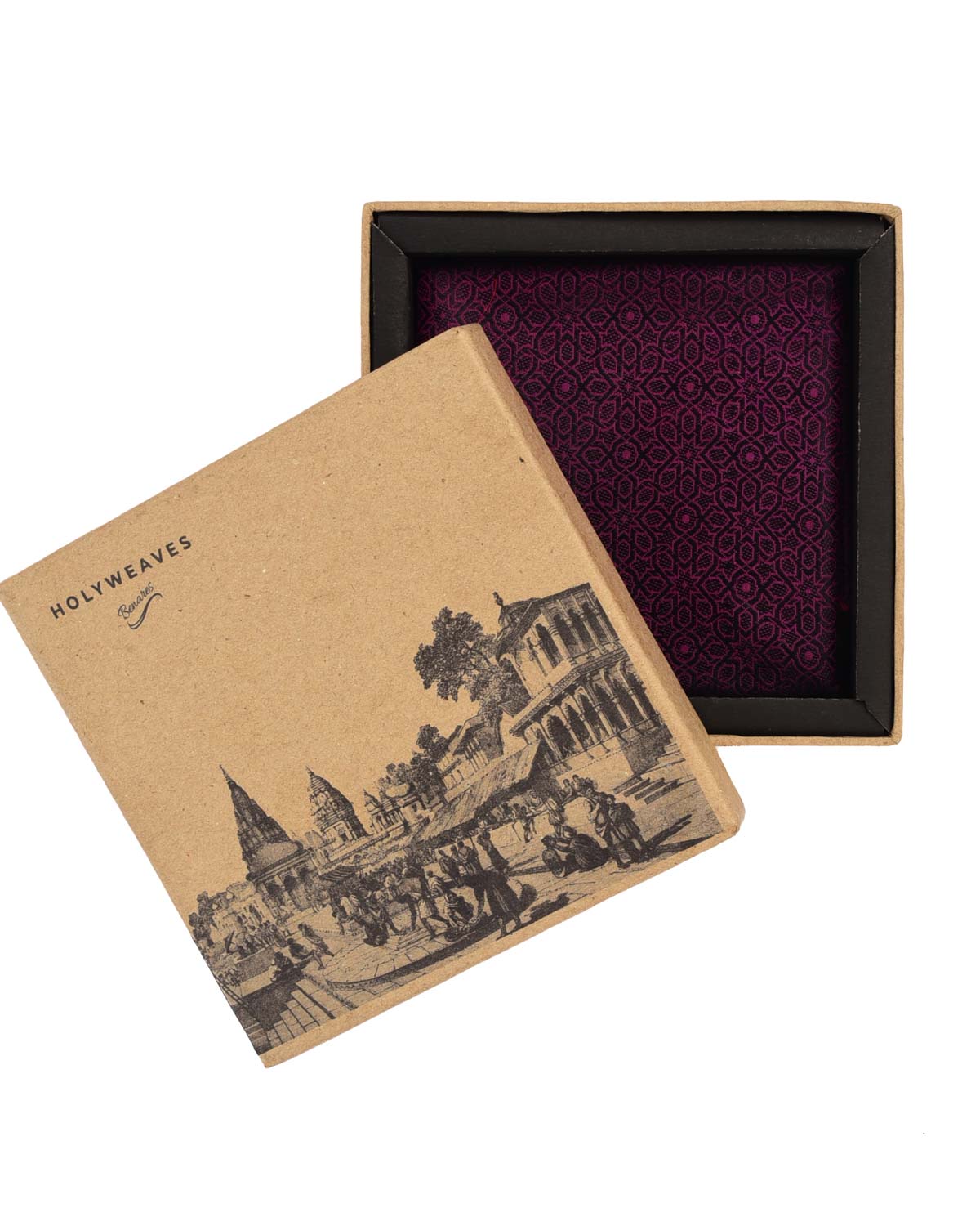 Black on Magenta Banarasi Moroccon Mosaic Tanchoi Handwoven Silk Pocket Square-HolyWeaves