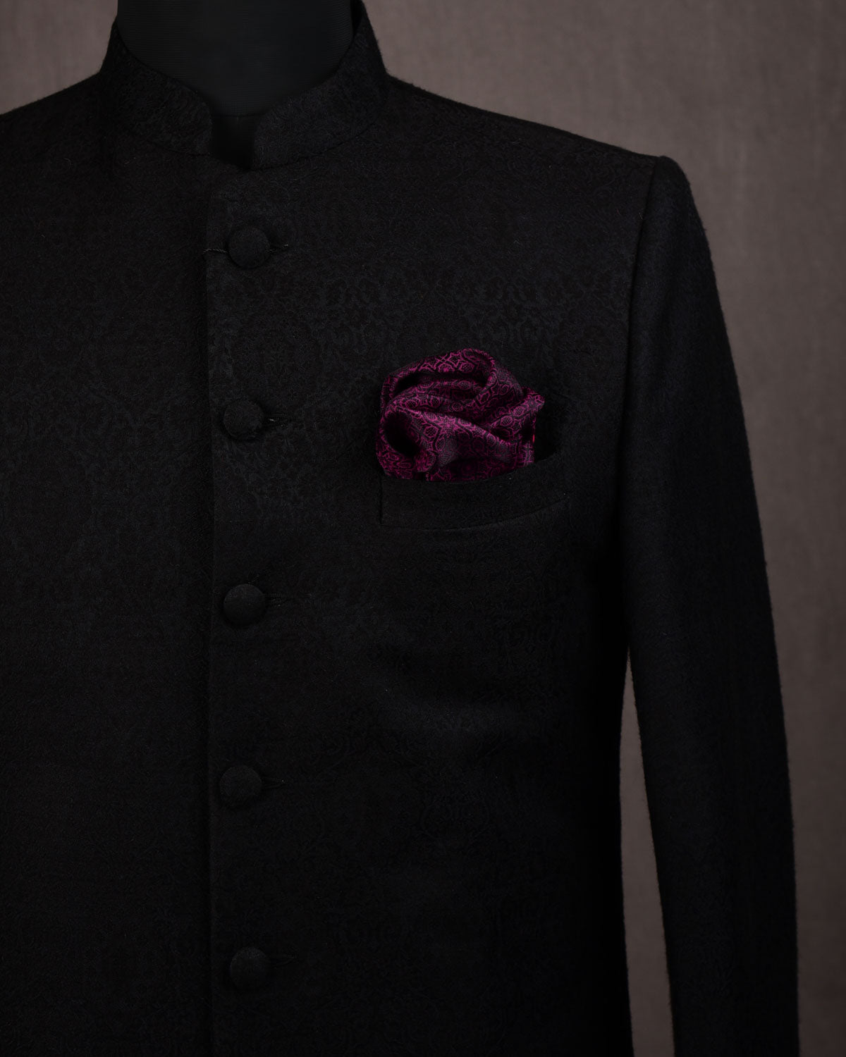 Black on Magenta Banarasi Moroccon Mosaic Tanchoi Handwoven Silk Pocket Square-HolyWeaves