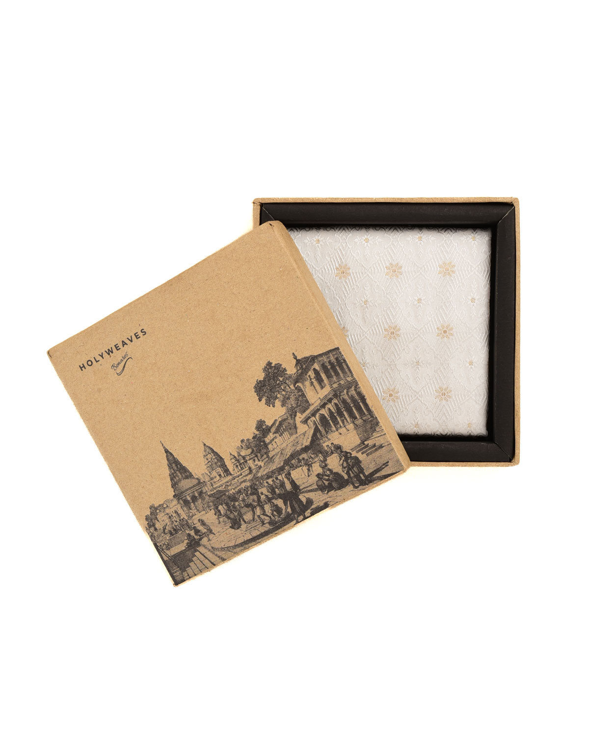 White Banarasi Geometric Grids Tanchoi Brocade Handwoven Silk Pocket Square with Zari Accents-HolyWeaves