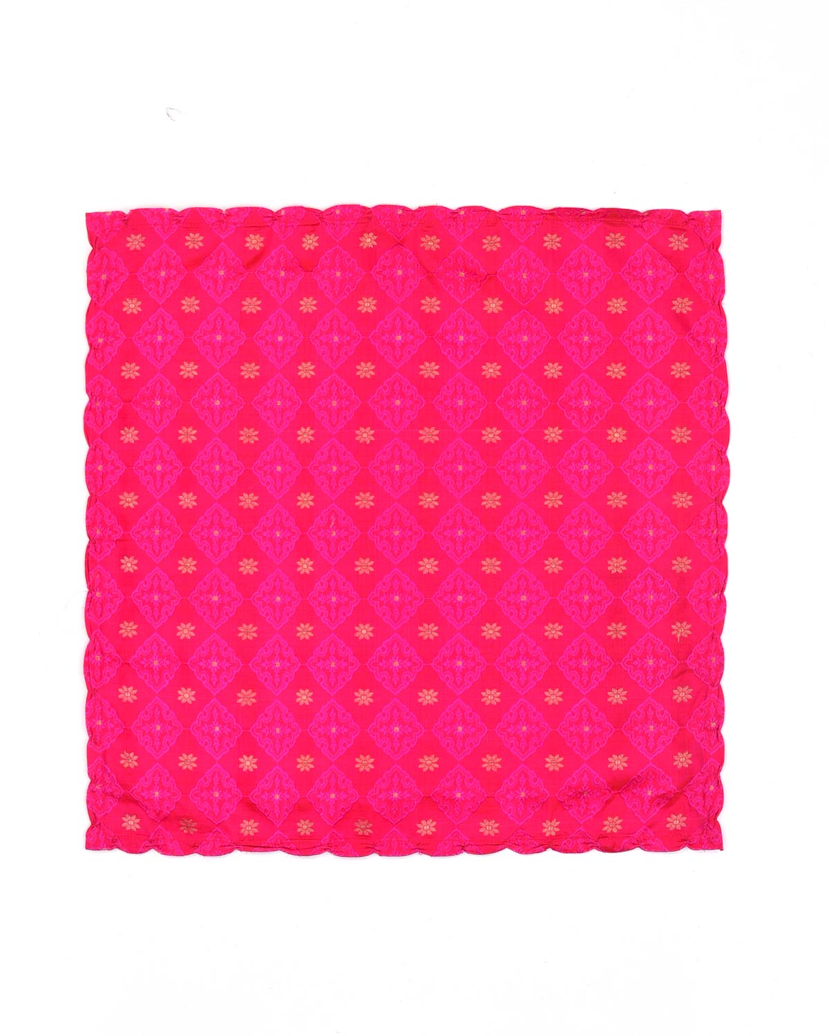 Shot Pink Red Geometric Grids Tanchoi Brocade Handwoven Silk Pocket Square for Men with Scallop Hand-Hemming-HolyWeaves