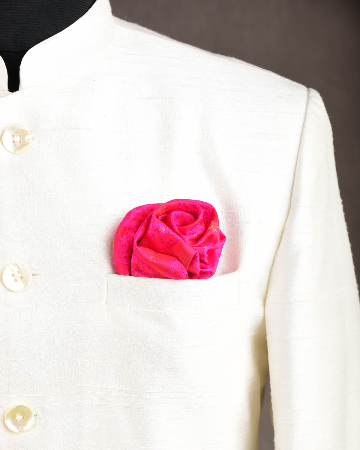 Shot Pink Red Geometric Grids Tanchoi Brocade Handwoven Silk Pocket Square for Men with Scallop Hand-Hemming-HolyWeaves