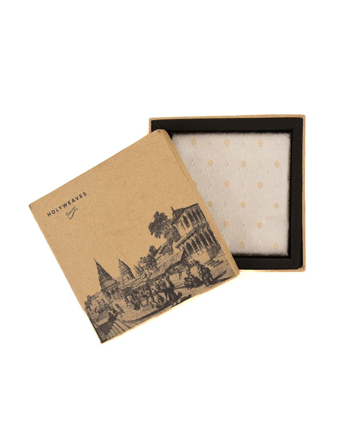 White Banarasi Leaves Tanchoi Brocade Handwoven Silk Pocket Square with Zari Accents-HolyWeaves