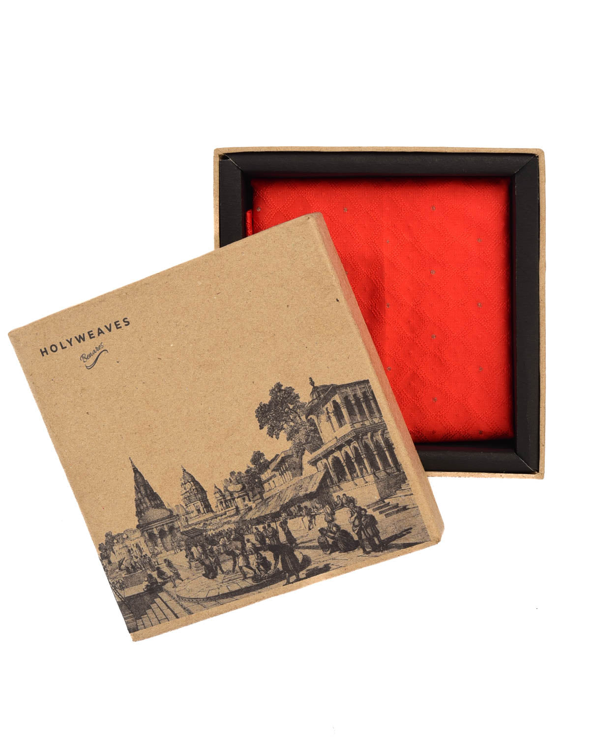 Vermilion Banarasi Geometric Grids Tanchoi Brocade Handwoven Silk Pocket Square with Zari Accents-HolyWeaves