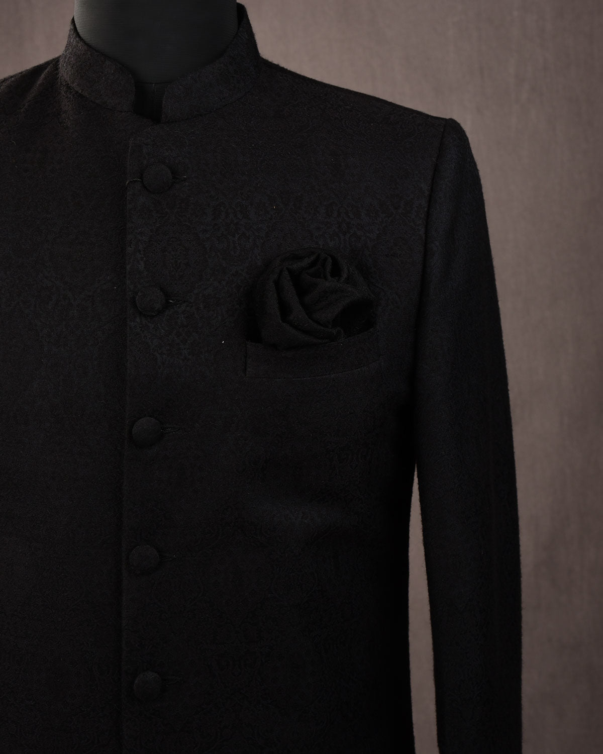 Black Banarasi Damask Tanchoi Handwoven Silk Wool Pocket Square-HolyWeaves