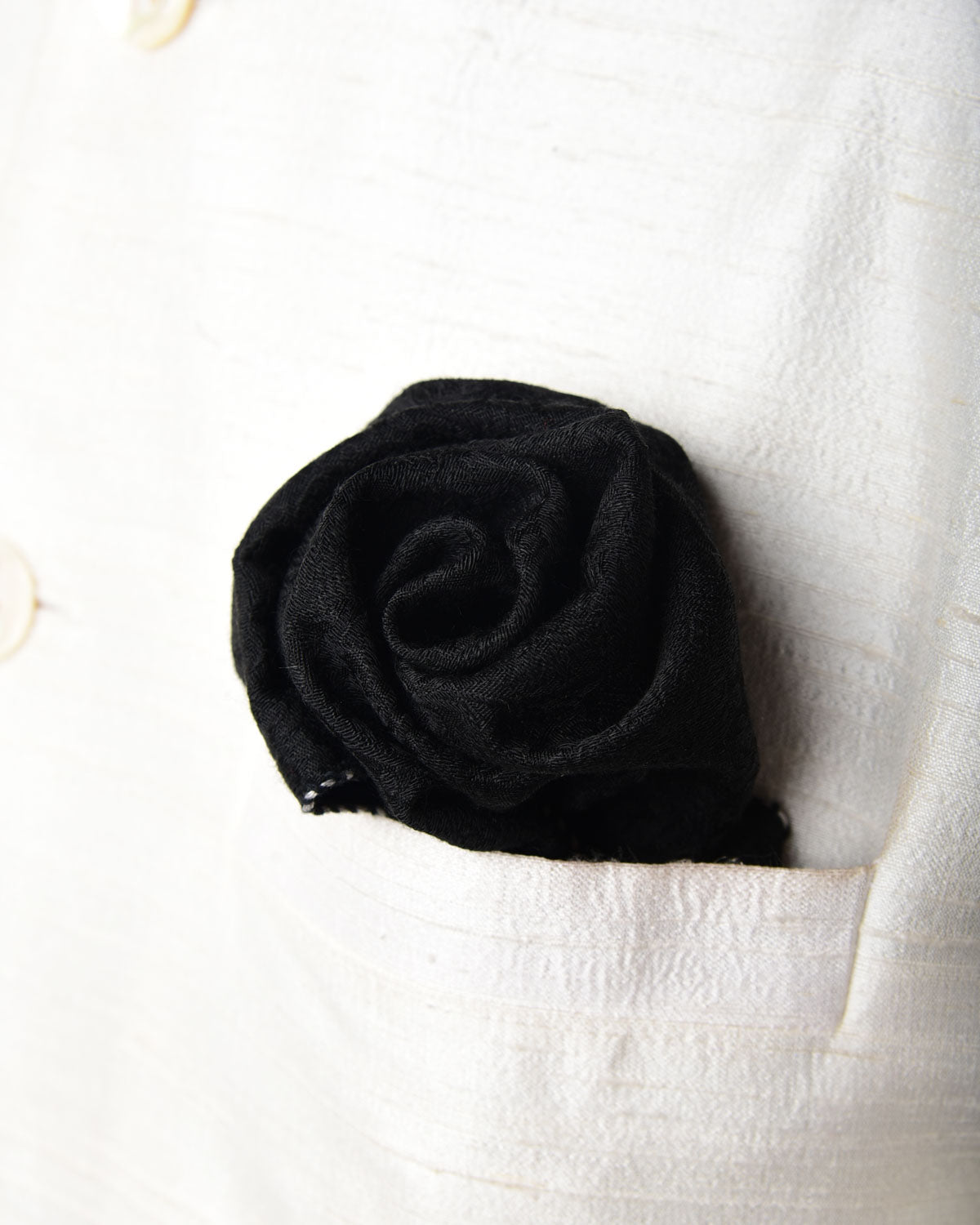 Black Damask Tanchoi Handwoven Silk Wool Pocket Square for Men with White Spiral Hand-Hemming-HolyWeaves