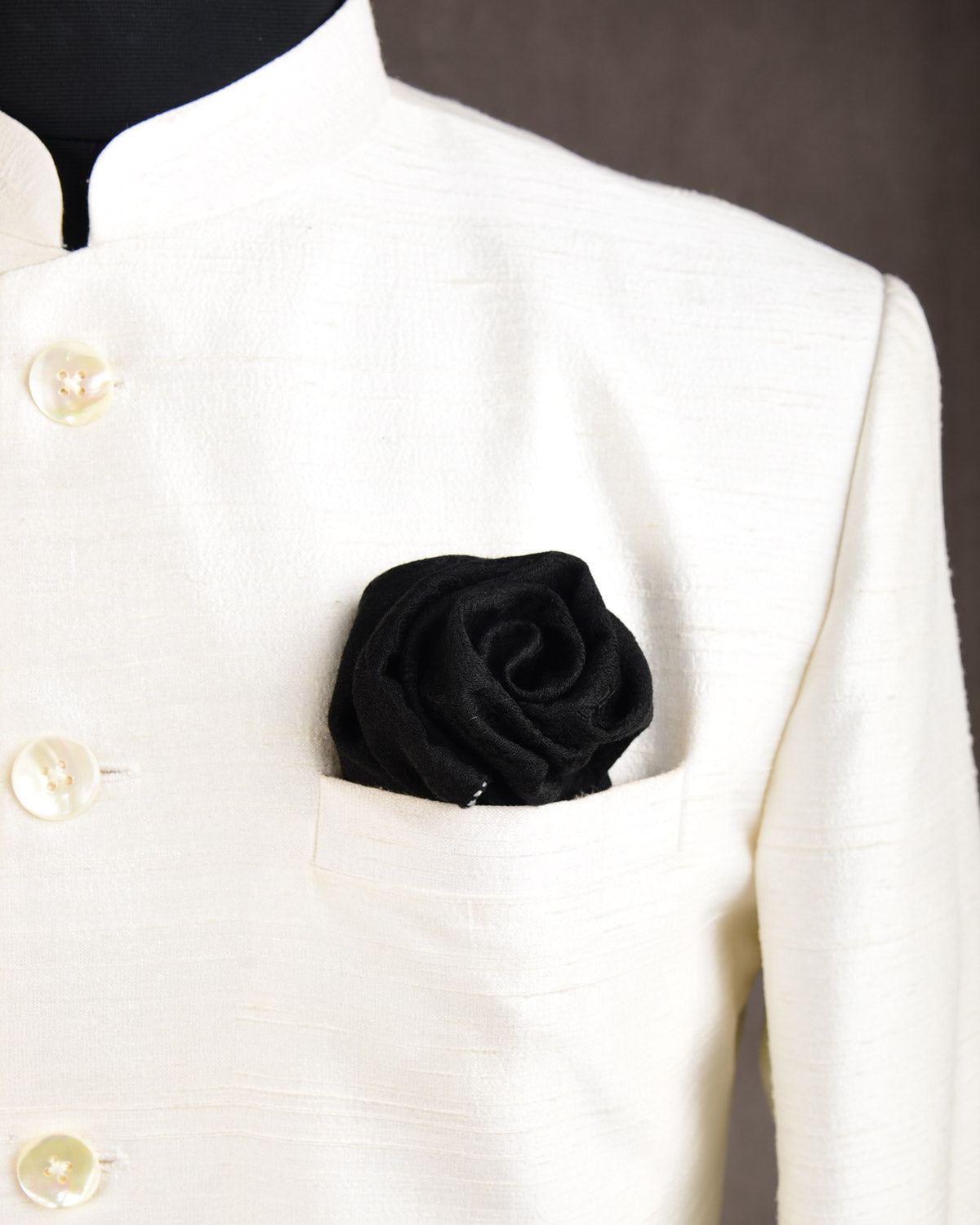 Black Damask Tanchoi Handwoven Silk Wool Pocket Square for Men with White Spiral Hand-Hemming-HolyWeaves