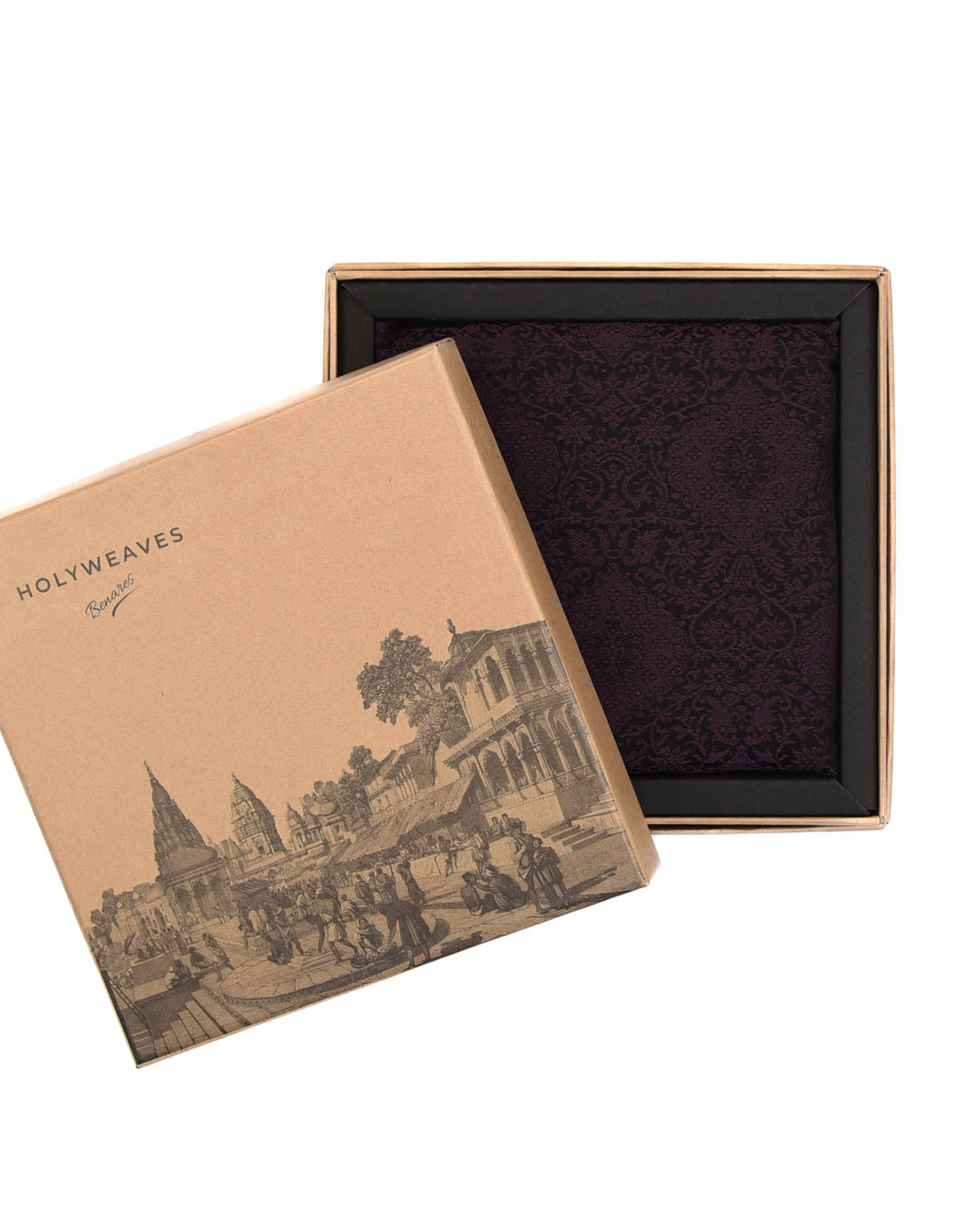 Mahogany Damask Tanchoi Handwoven Silk Wool Pocket Square for Men with Scallop Hand-Hemming-HolyWeaves