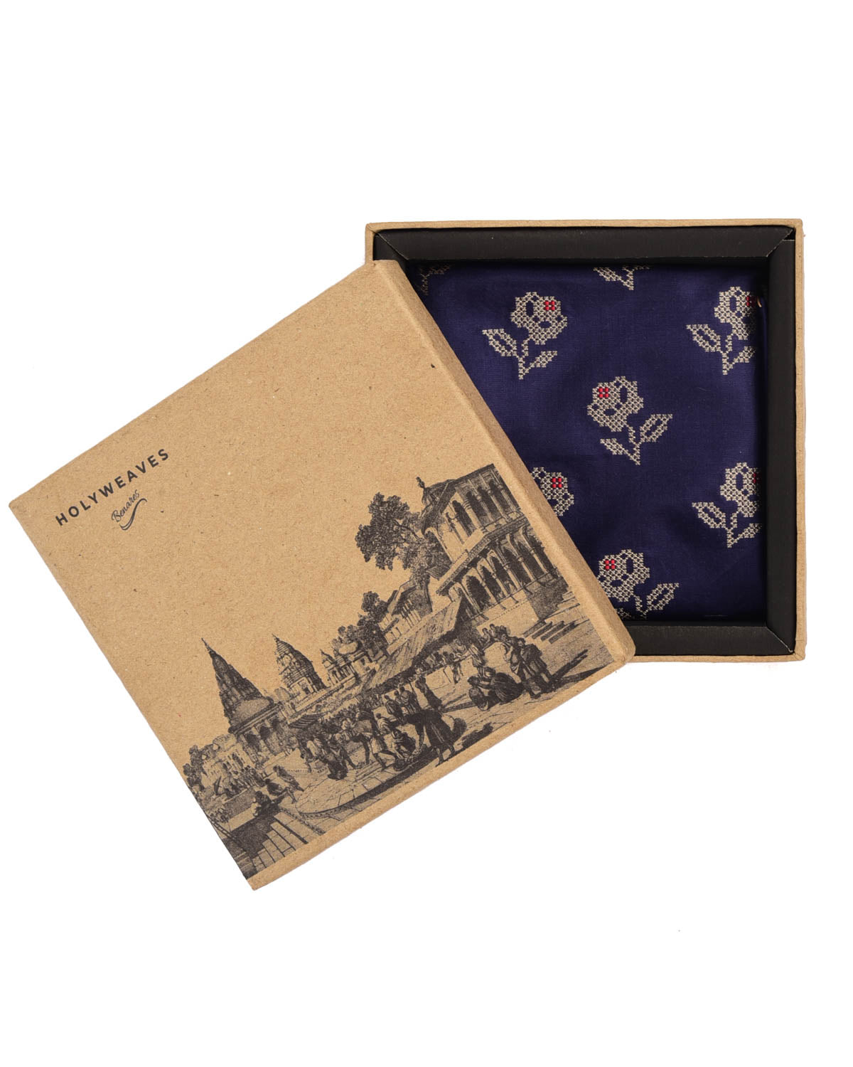 Navy Blue Banarasi Gold Zari Rose Brocade Handwoven Silk Pocket Square-HolyWeaves