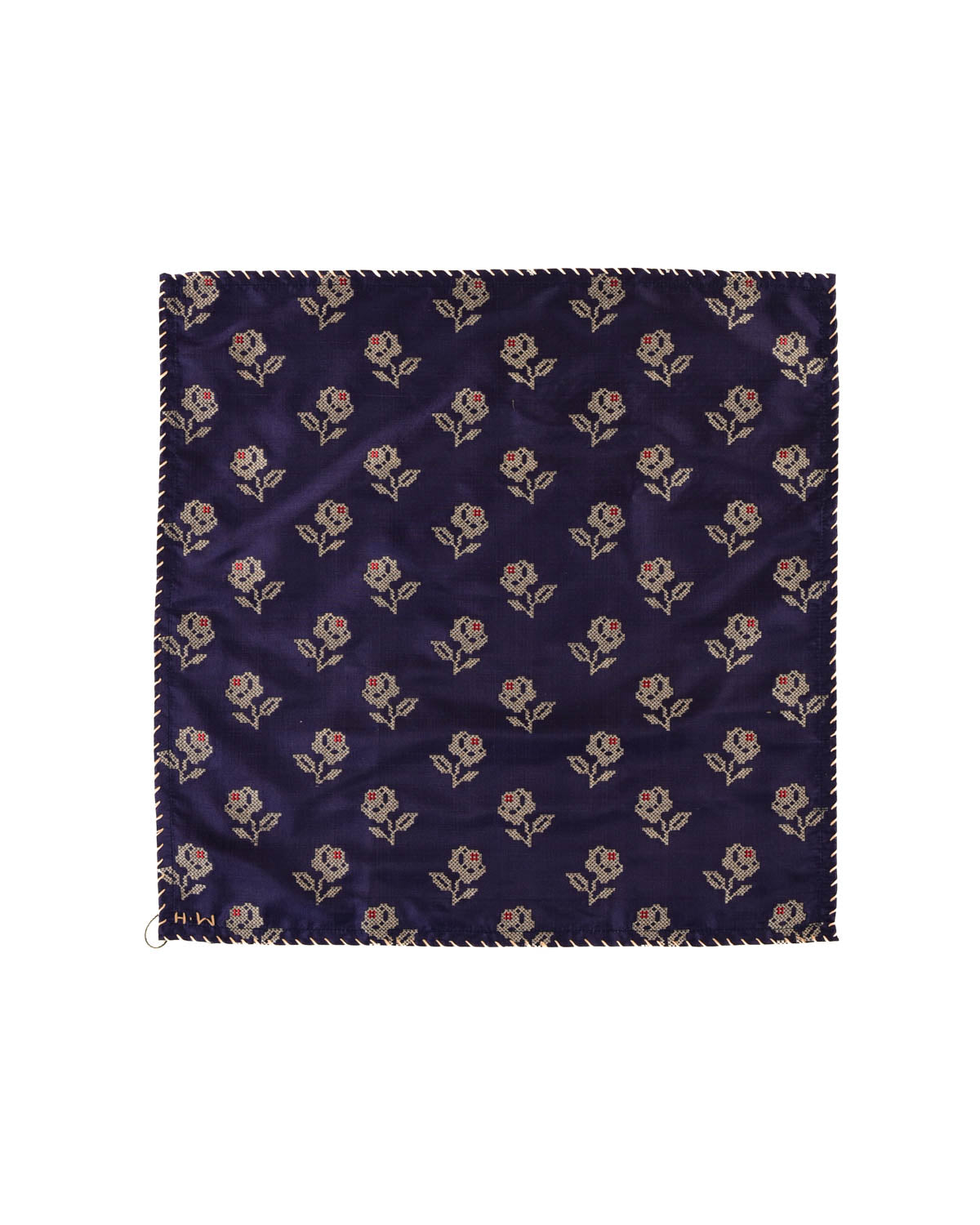 Navy Blue Banarasi Gold Zari Rose Brocade Handwoven Silk Pocket Square-HolyWeaves