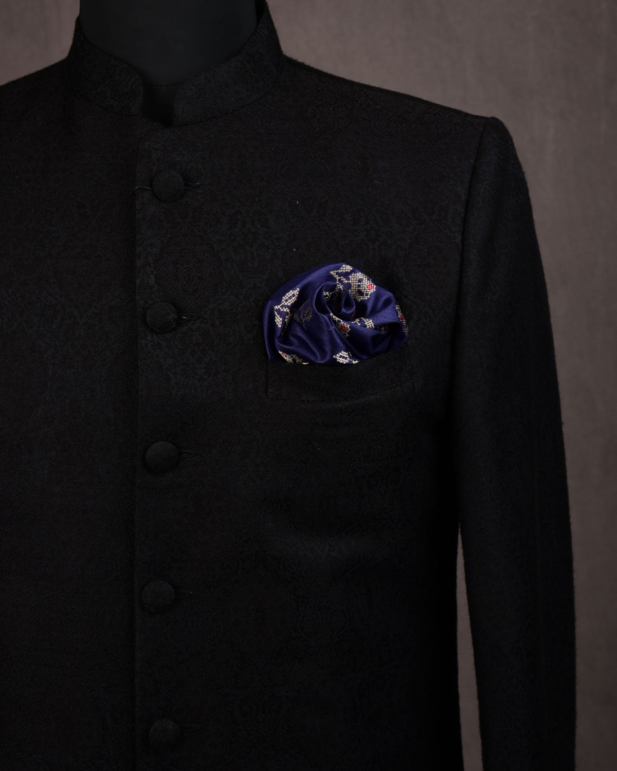 Navy Blue Banarasi Gold Zari Rose Brocade Handwoven Silk Pocket Square-HolyWeaves