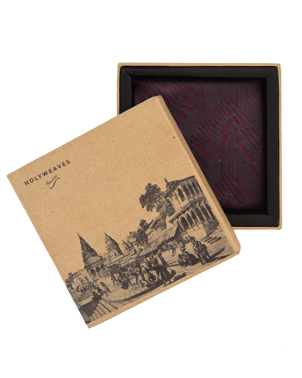 Garnet Banarasi Geometric Tanchoi Handwoven Silk Pocket Square-HolyWeaves