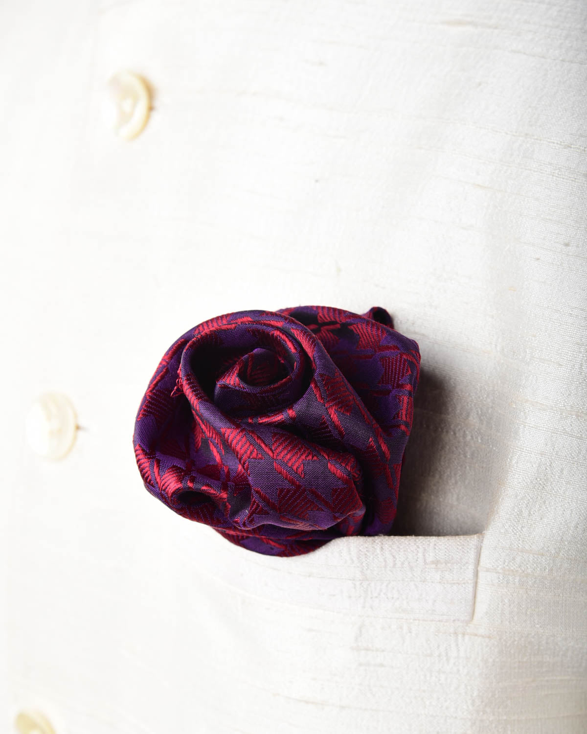 Maroon On Purple Houndstooth Tanchoi Handwoven Silk Pocket Square for Men with Scallop Hand-Hemming-HolyWeaves