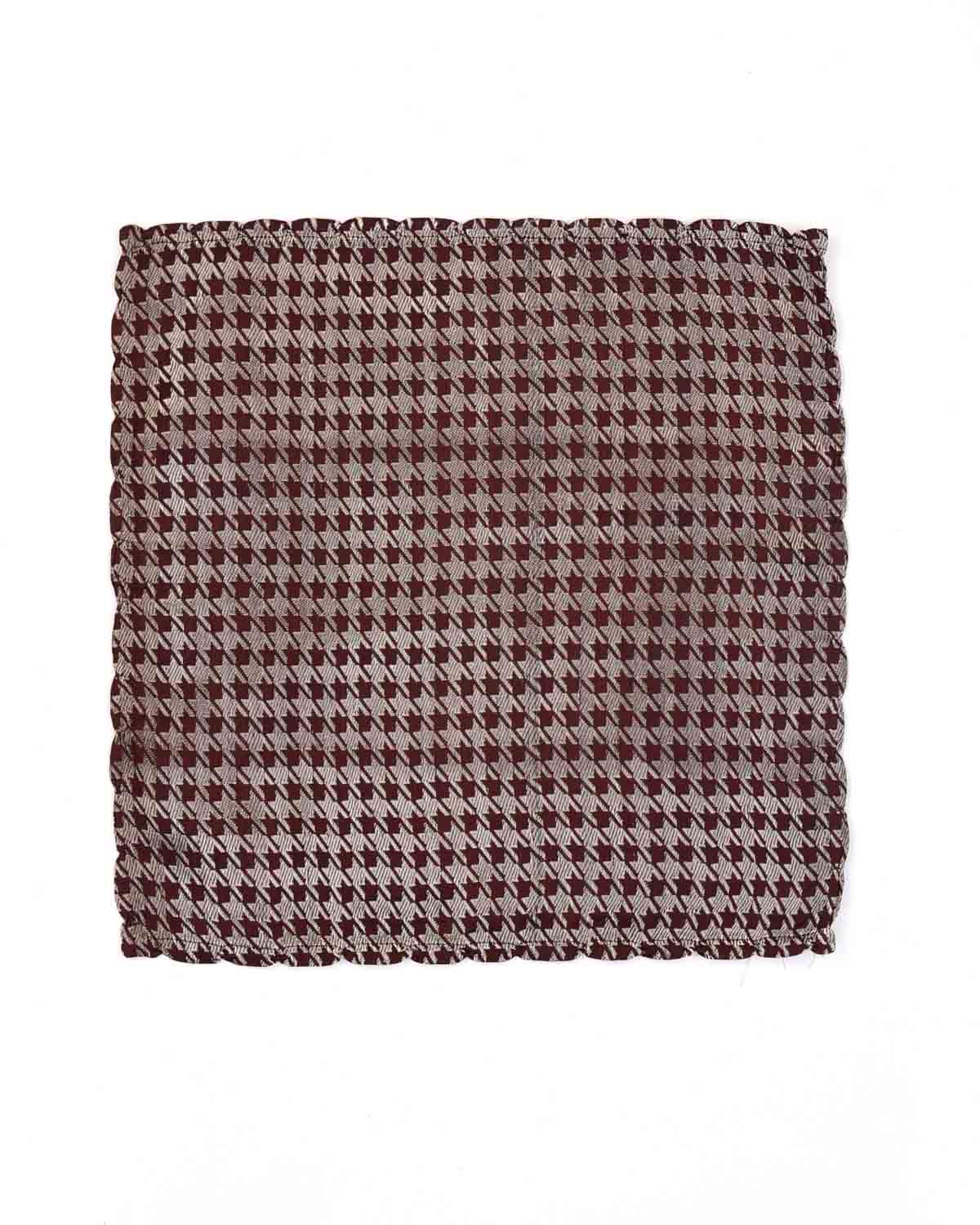 Silver On Mahogany Houndstooth Tanchoi Handwoven Silk Pocket Square for Men with Scallop Hand-Hemming-HolyWeaves
