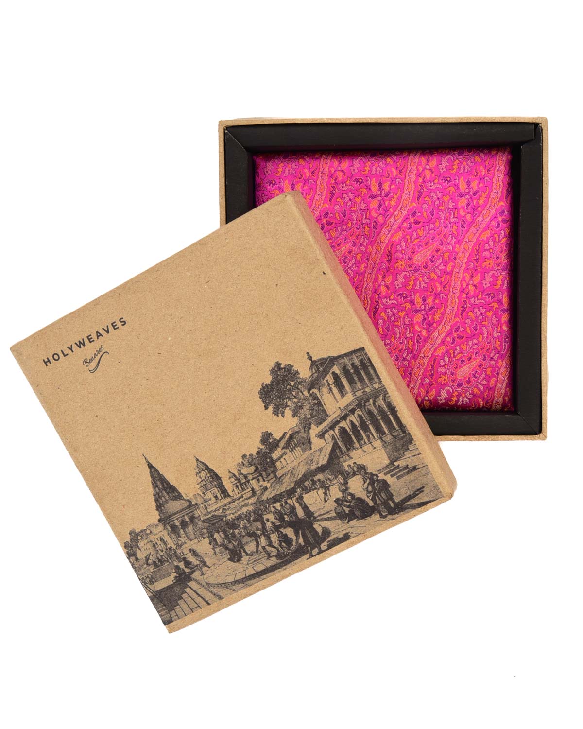 Pink Banarasi Diagonal Paisleys Tanchoi Brocade Handwoven Silk Pocket Square-HolyWeaves