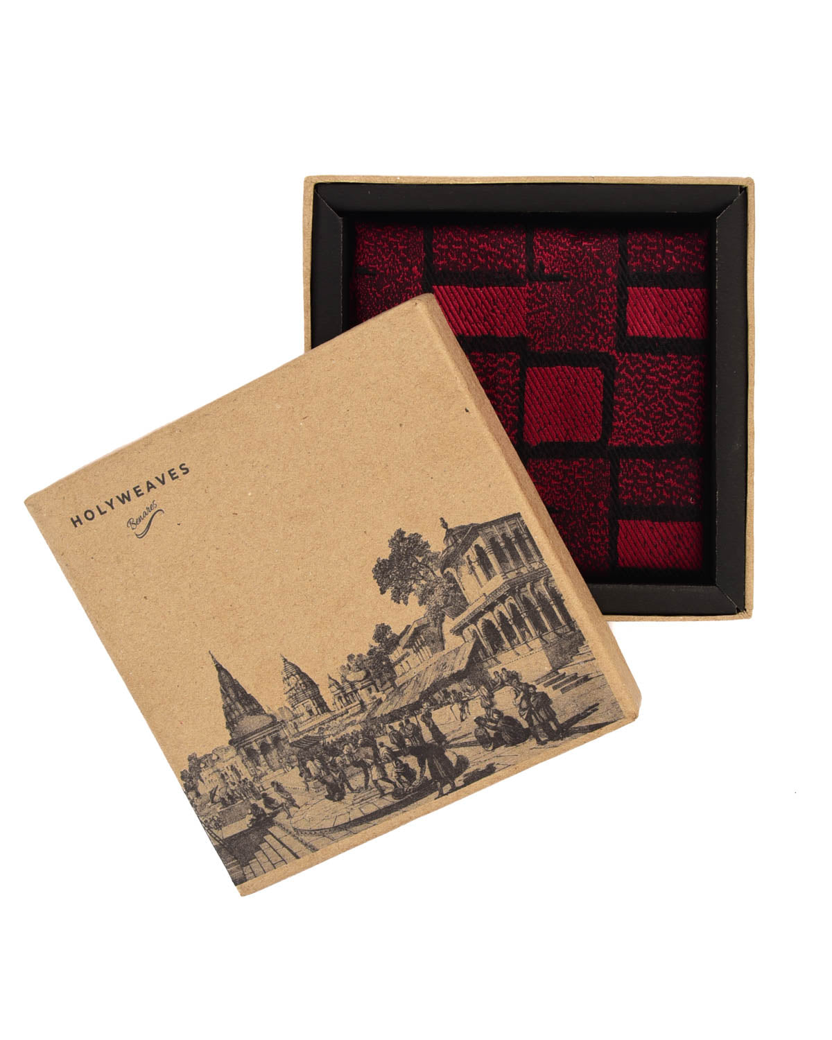 Maroon Random Blocks Tanchoi Handwoven Silk Pocket Square-HolyWeaves