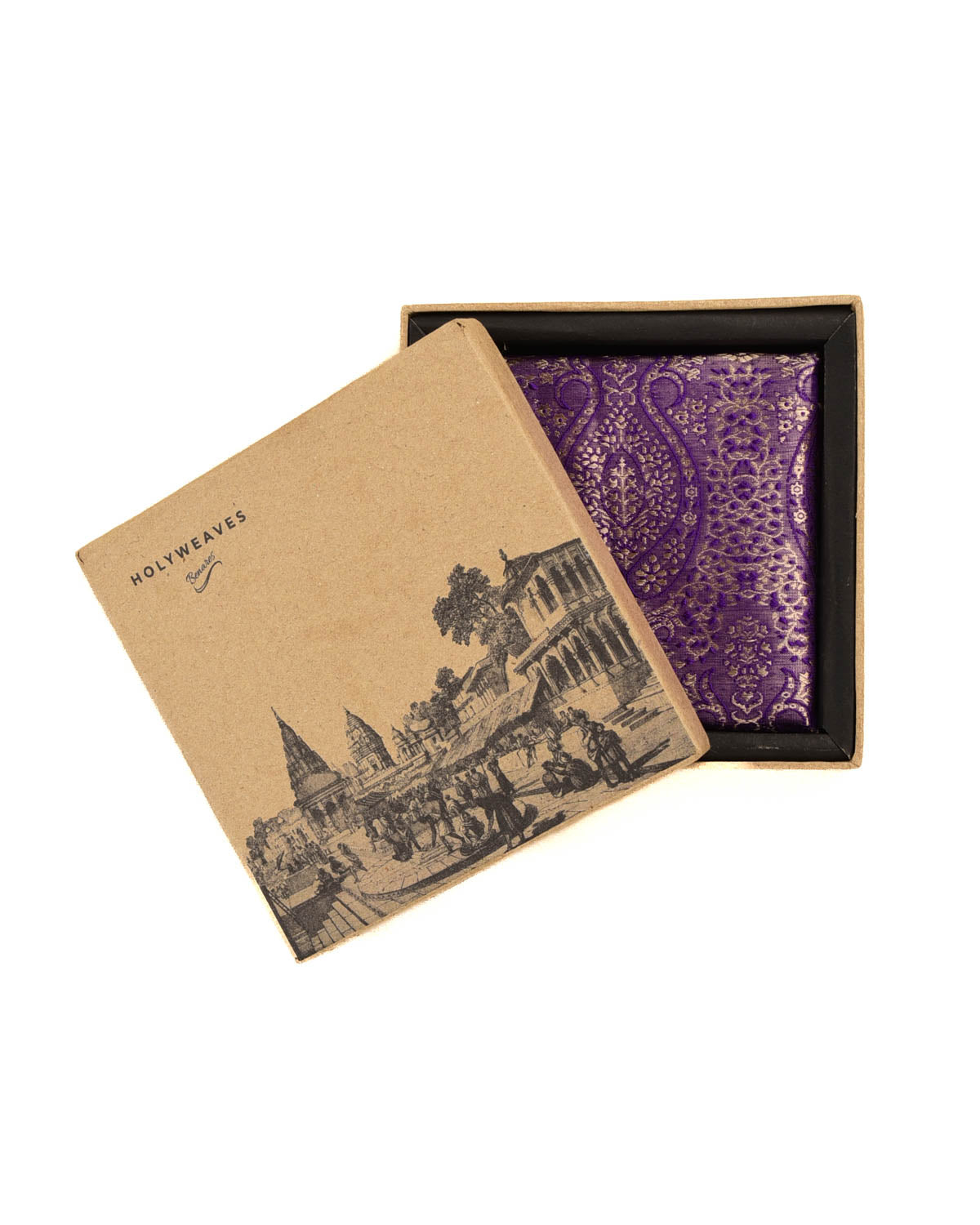 Metallic Purple Gold Zari Ethnic Damask Tanchoi Handwoven Silk Pocket Square-HolyWeaves