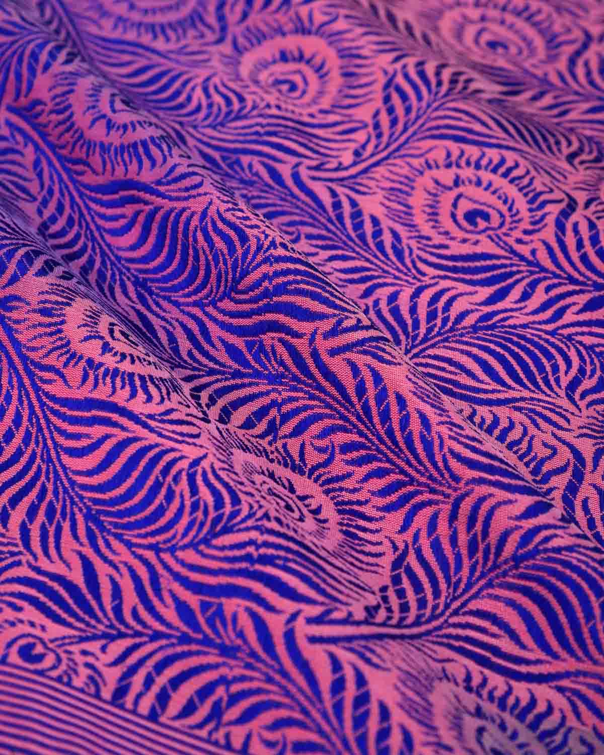 Ombre Pink-Blue Peacock Feather Handwoven Silk Pocket Square for Men with Stripe Borders-HolyWeaves