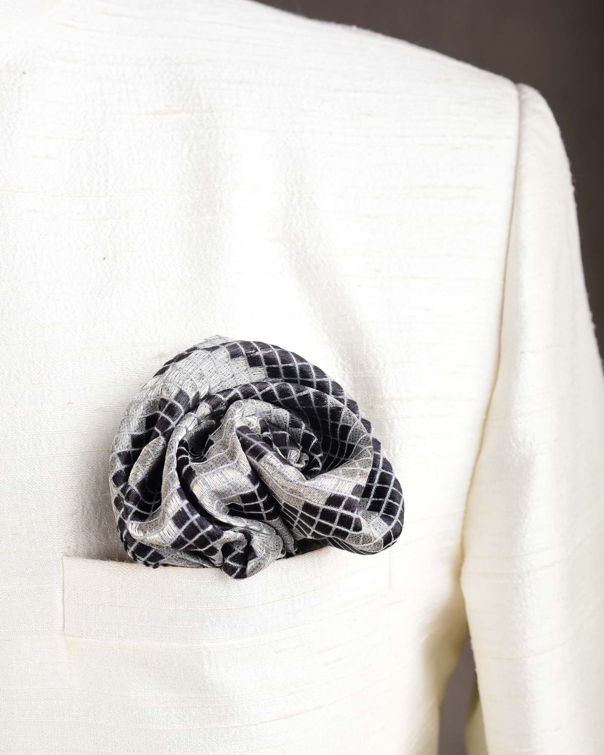 Gray Chequered Diagonal Stripes Brocade Handwoven Silk Pocket Square for Men with Spiral Hand-Hemming-HolyWeaves