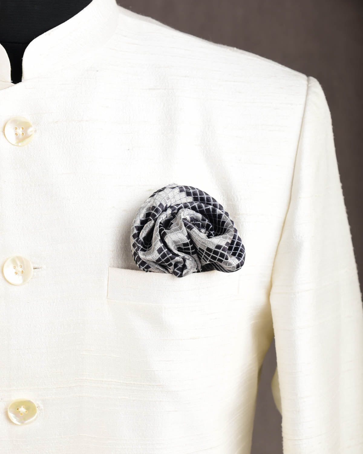 Gray Chequered Diagonal Stripes Brocade Handwoven Silk Pocket Square for Men with Spiral Hand-Hemming-HolyWeaves