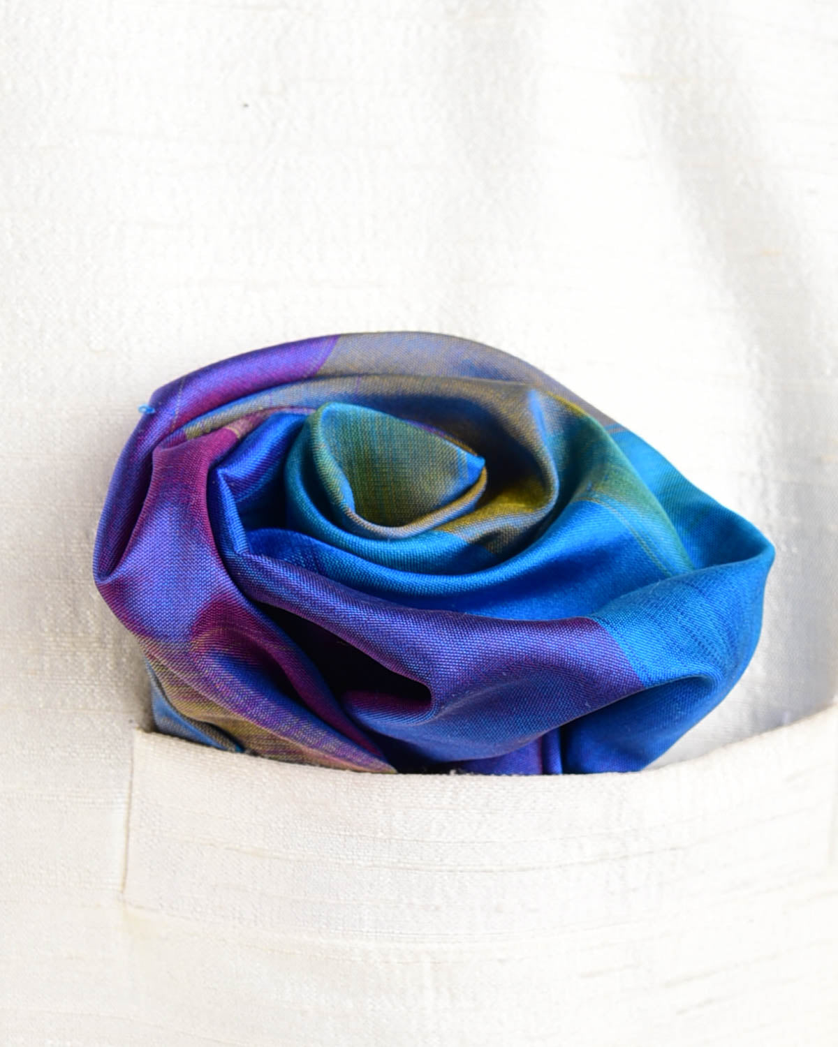 Rainbow Blue-Yellow Twin-Layer Double-Sided Ombre Handwoven Silk Pocket Square for Men with Spiral Hand-Hemming-HolyWeaves