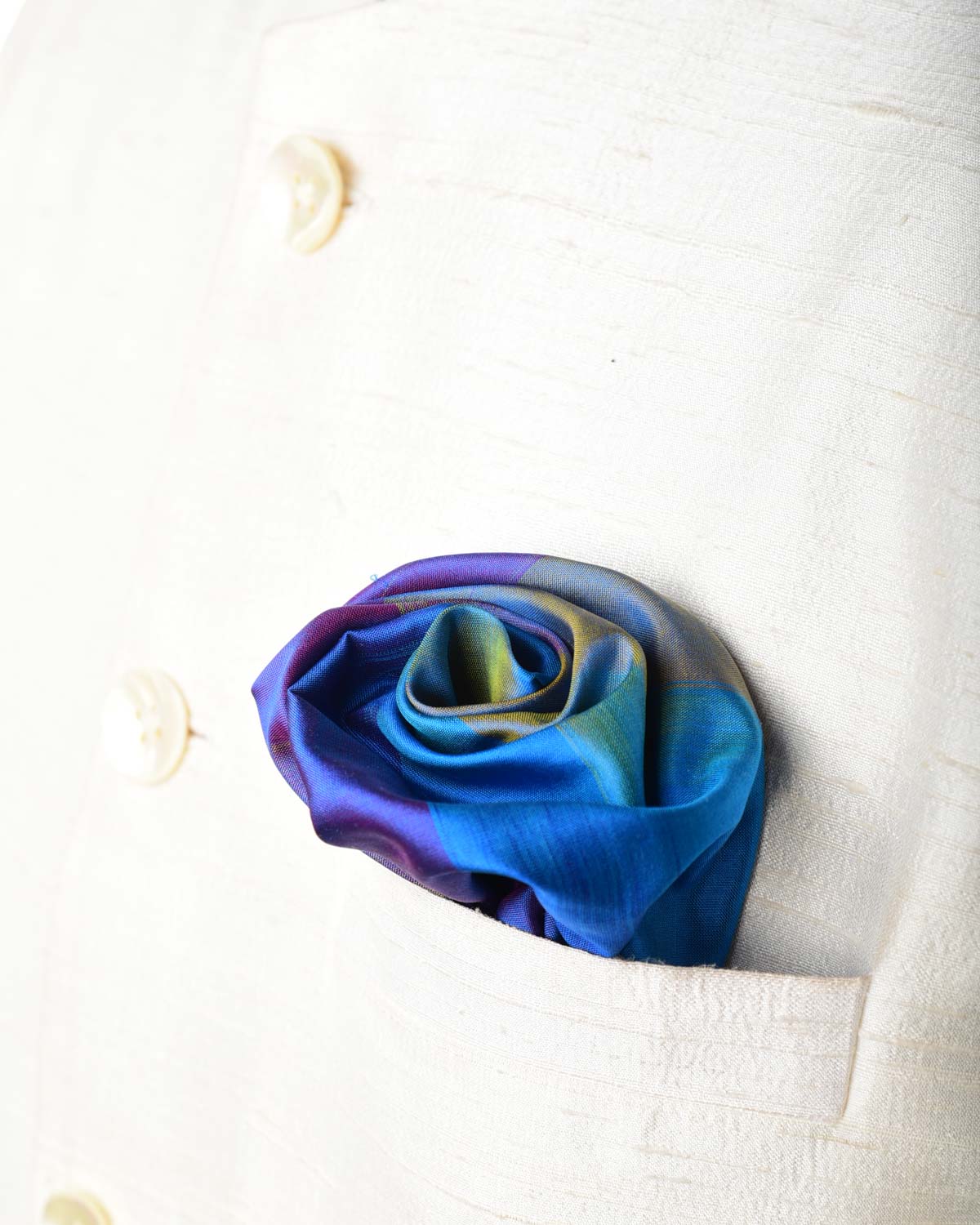 Rainbow Blue-Yellow Twin-Layer Double-Sided Ombre Handwoven Silk Pocket Square for Men with Spiral Hand-Hemming-HolyWeaves