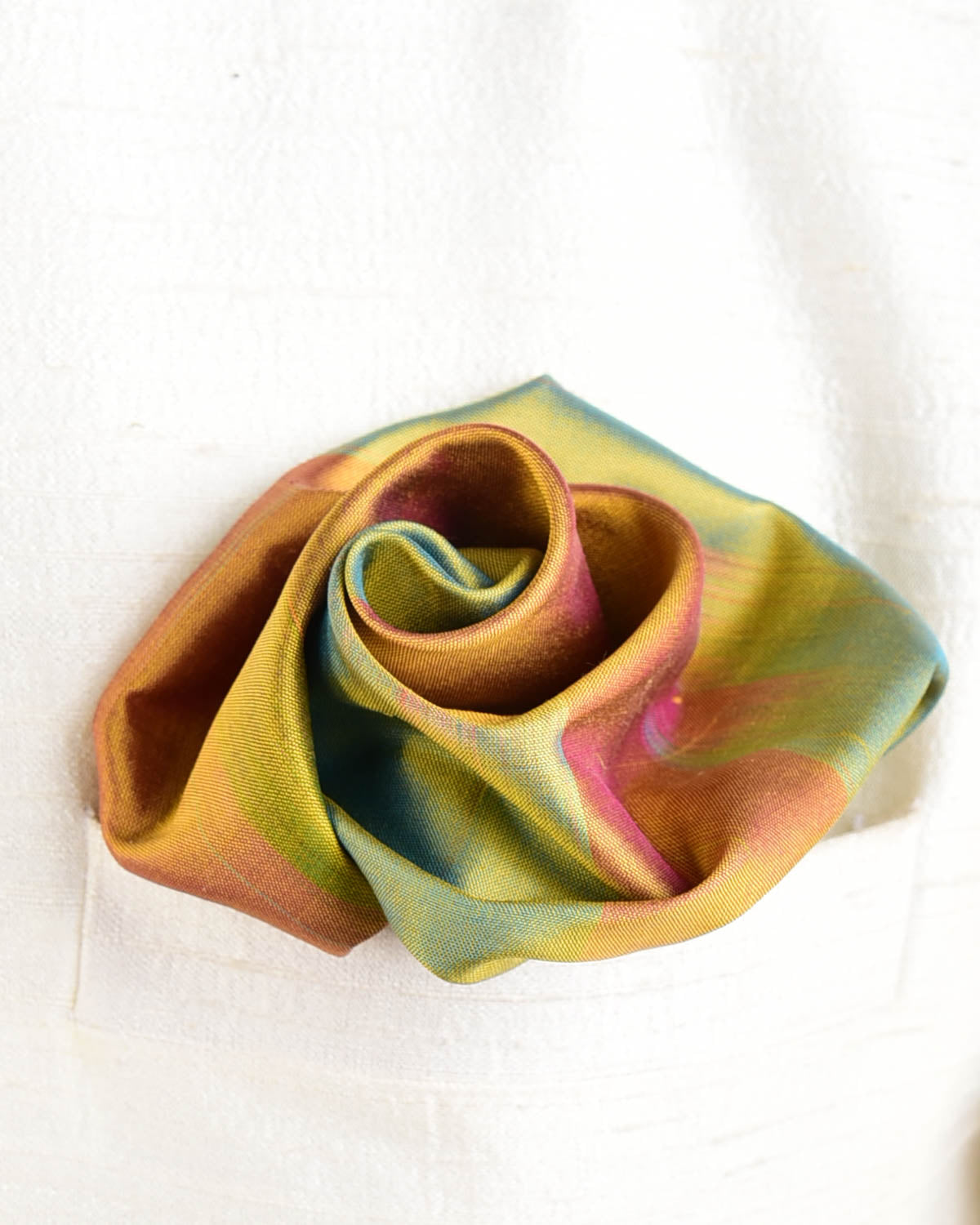 Rainbow Green-Yellow Twin-Layer Double-Sided Ombre Handwoven Silk Pocket Square for Men with Spiral Hand-Hemming-HolyWeaves