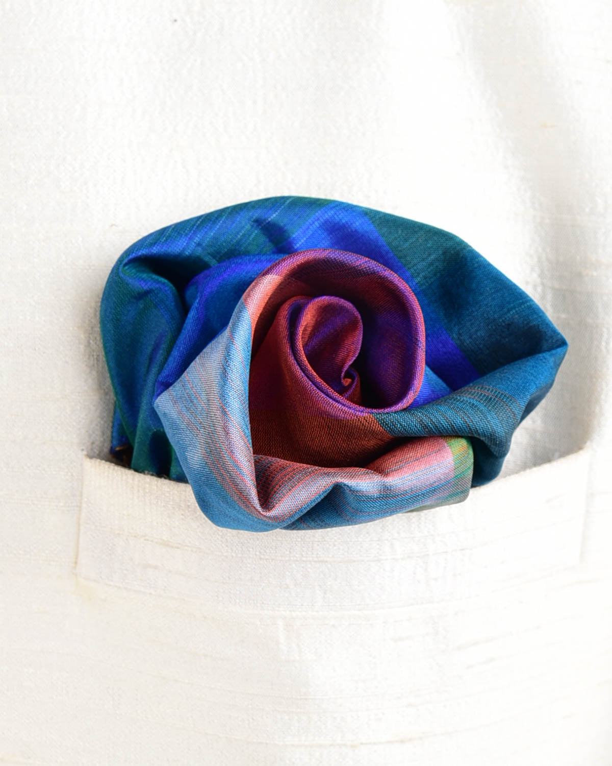 Rainbow Blue-Green Twin-Layer Double-Sided Ombre Handwoven Silk Pocket Square for Men with Spiral Hand-Hemming-HolyWeaves