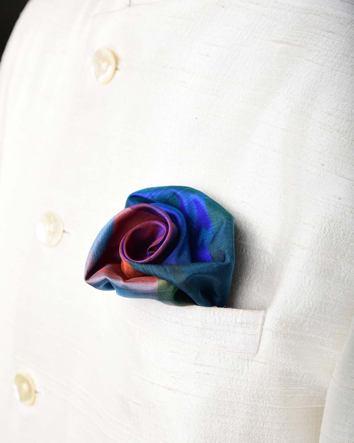 Rainbow Blue-Green Twin-Layer Double-Sided Ombre Handwoven Silk Pocket Square for Men with Spiral Hand-Hemming-HolyWeaves