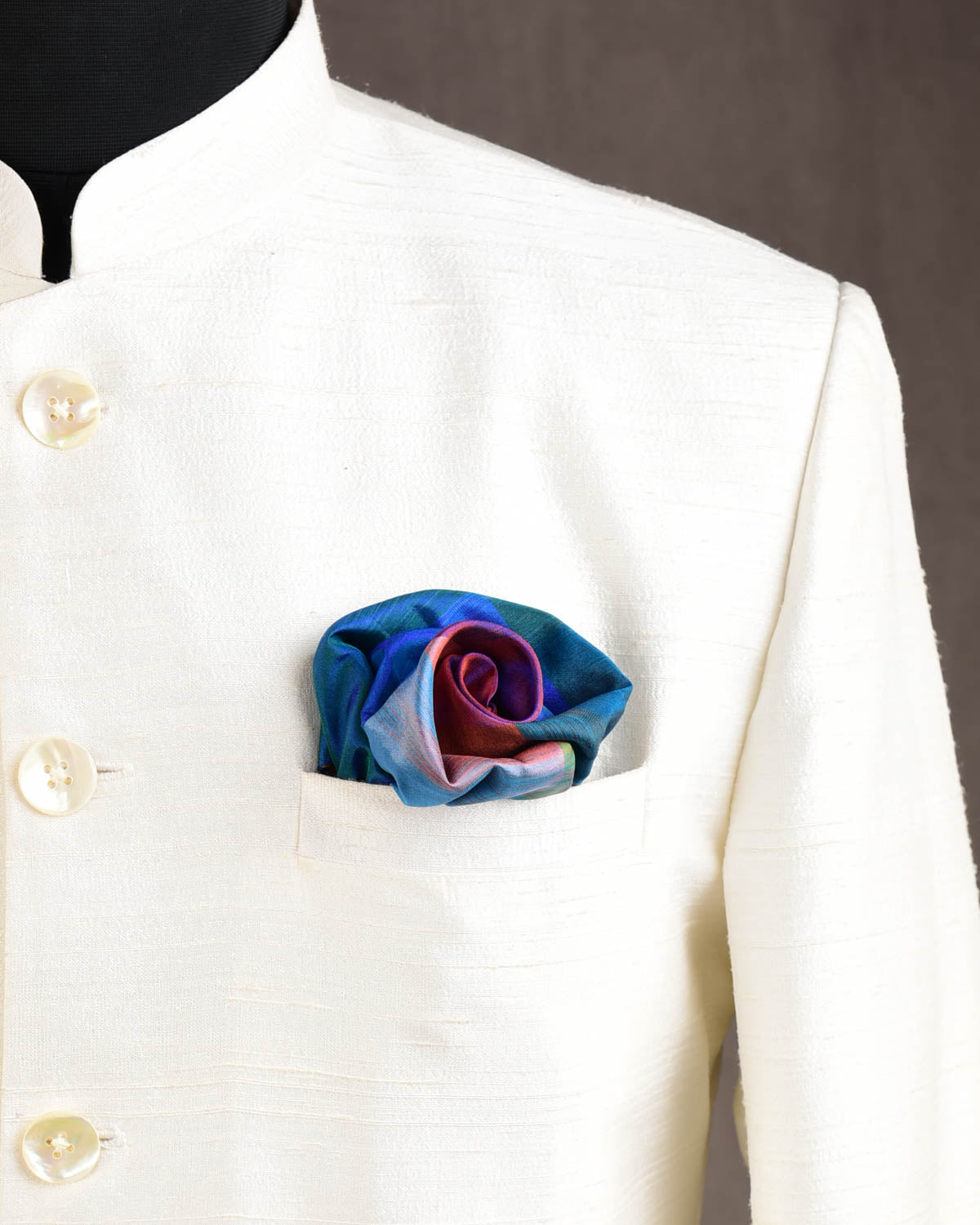 Rainbow Blue-Green Twin-Layer Double-Sided Ombre Handwoven Silk Pocket Square for Men with Spiral Hand-Hemming-HolyWeaves