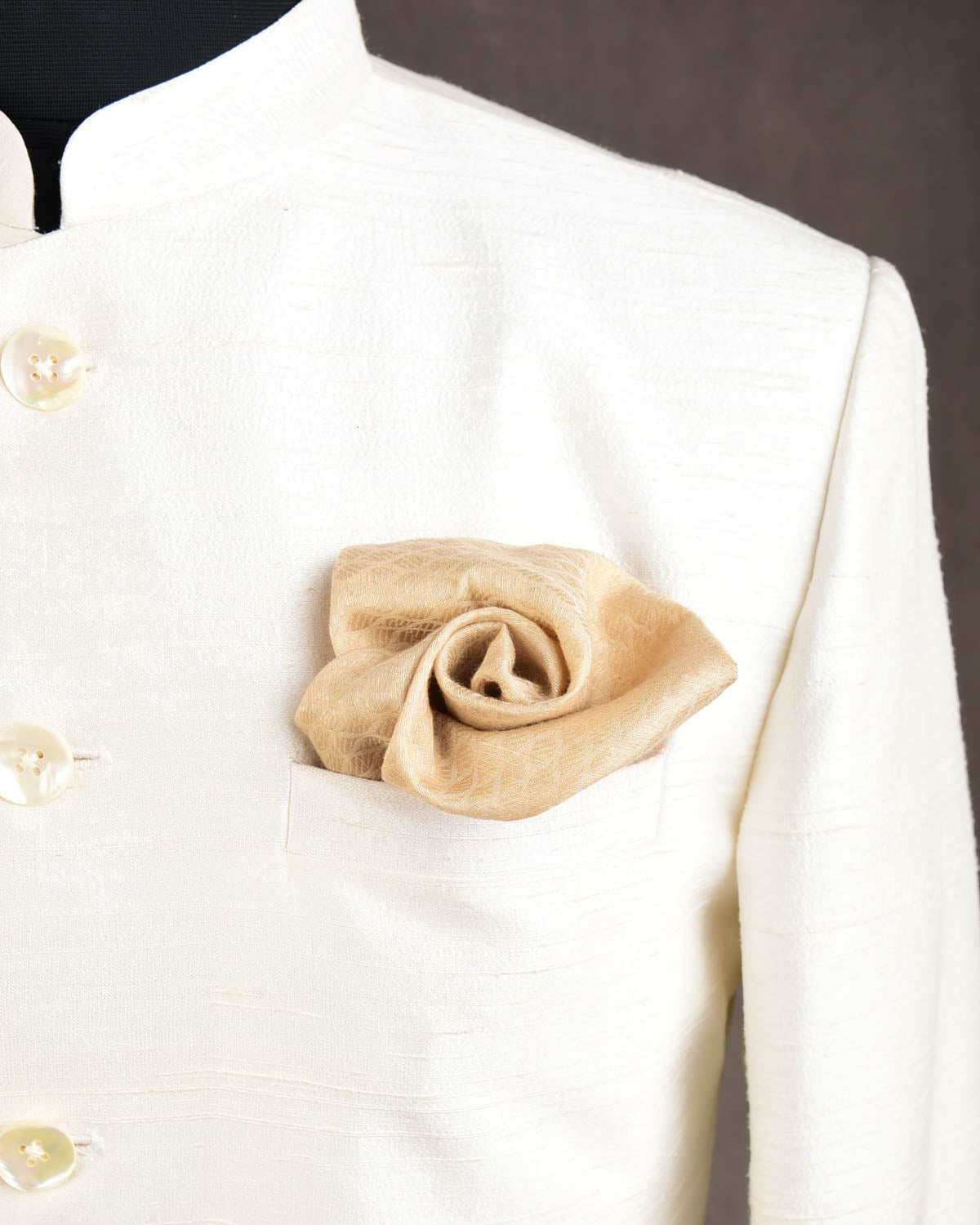 Beige Tanchoi Handwoven Linen Silk Pocket Square for Men with Spiral Hand-Hemming-HolyWeaves