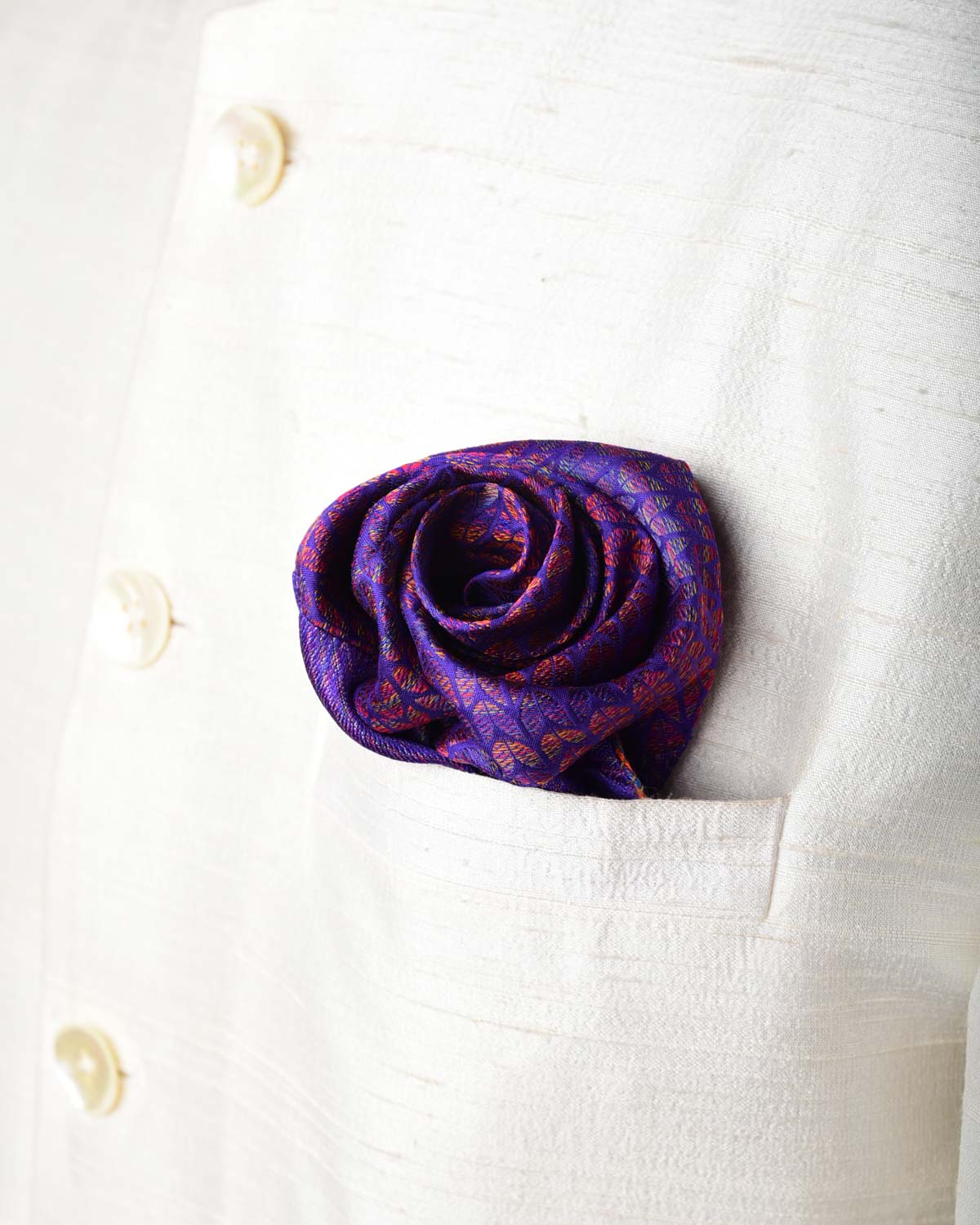 Rainbow Purple Multi-Color Variegated Herringbone Brocade Handwoven Silk Pocket Square for Men with Stitched Borders-HolyWeaves