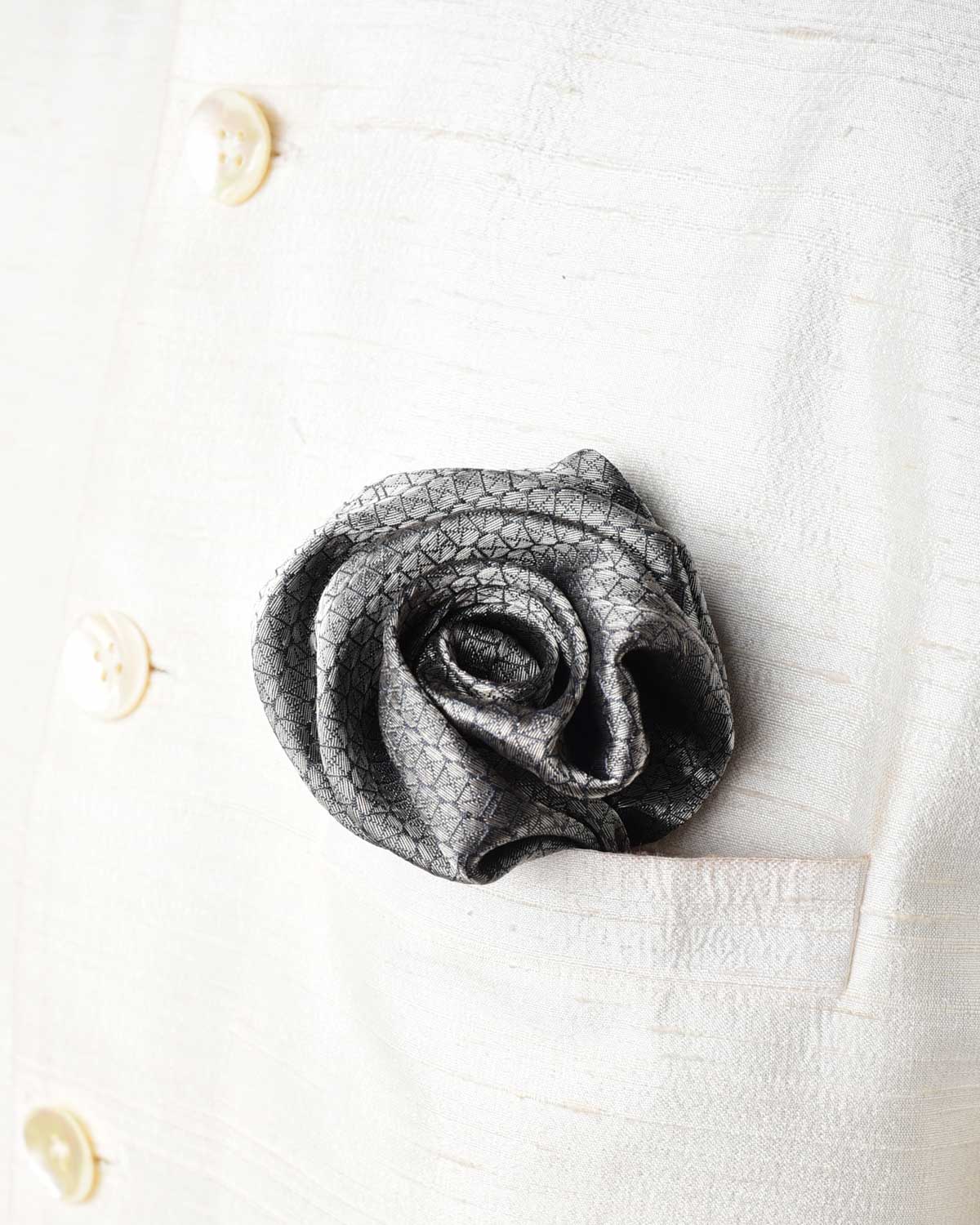 Metallic Gray Silver Zari Brocade Handwoven Silk Pocket Square for Men with Spiral Hand-Hemming-HolyWeaves