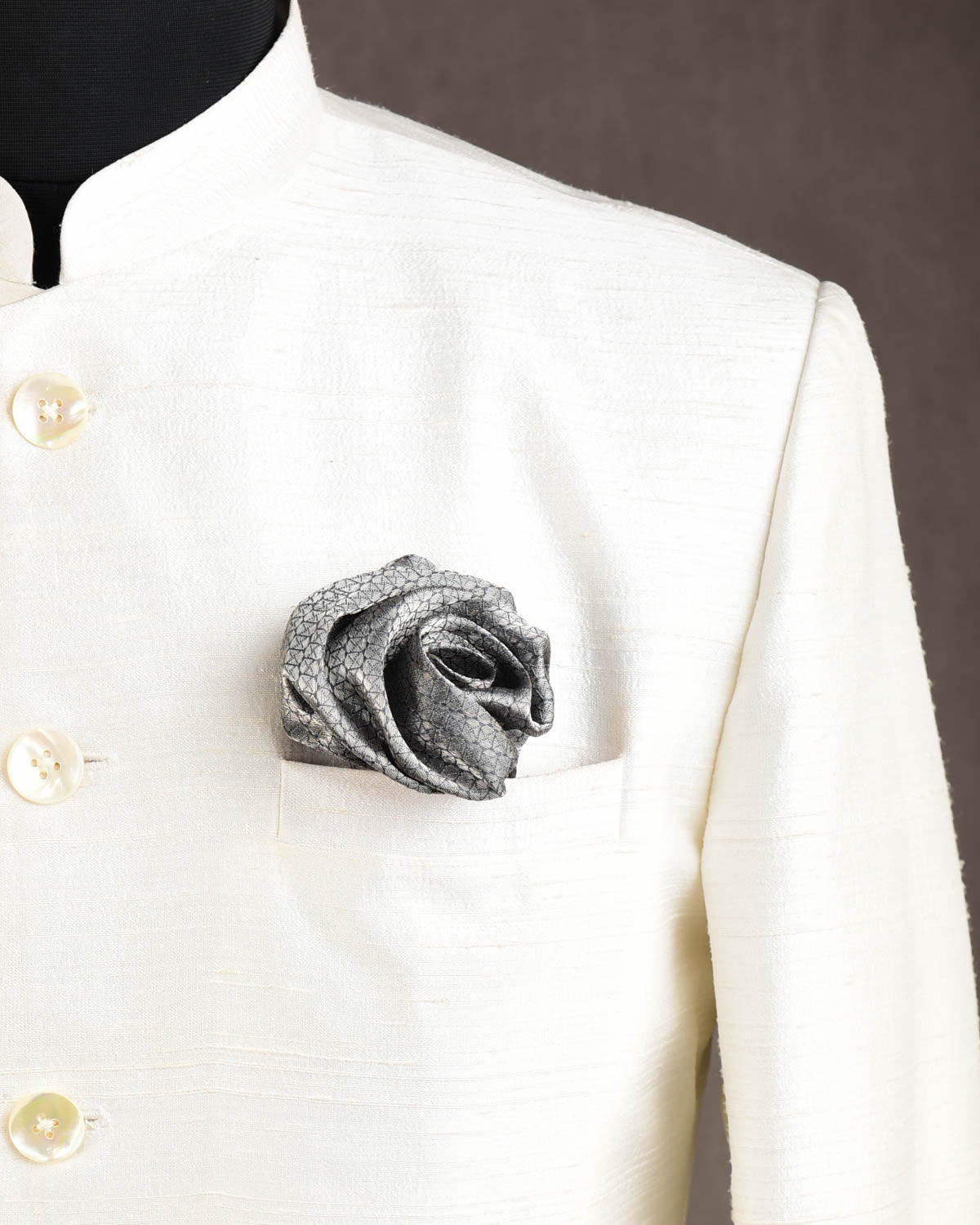 Metallic Gray Silver Zari Brocade Handwoven Silk Pocket Square for Men with Spiral Hand-Hemming-HolyWeaves