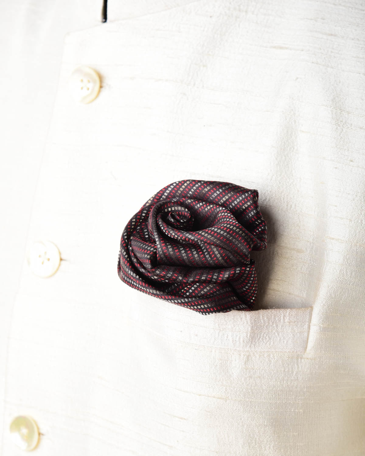 Black Maroon & Silver Dotted Stripes Brocade Handwoven Silk Pocket Square for Men with Spiral Hand-Hemming-HolyWeaves