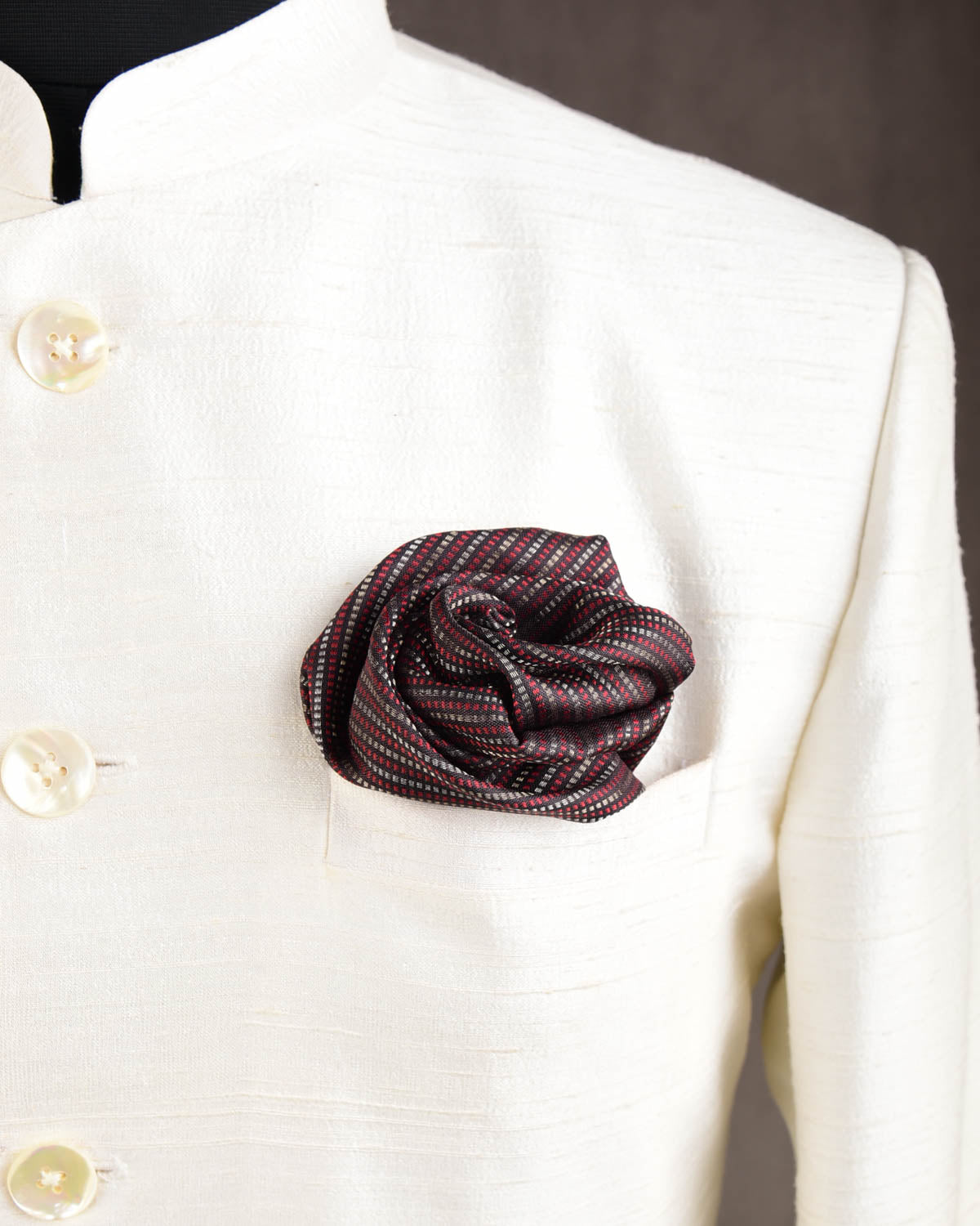 Black Maroon & Silver Dotted Stripes Brocade Handwoven Silk Pocket Square for Men with Spiral Hand-Hemming-HolyWeaves