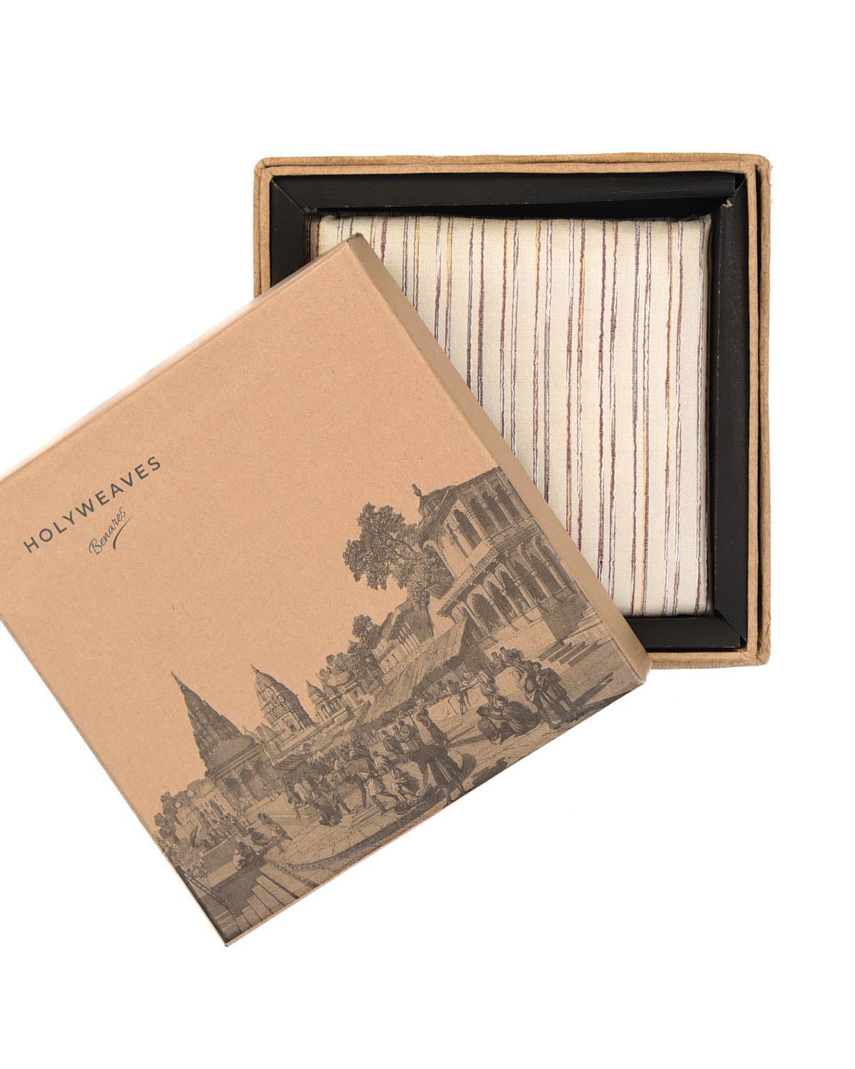 Cream Textured Stripes Brocade Handwoven Silk Pocket Square for Men with Spiral Hand-Hemming-HolyWeaves