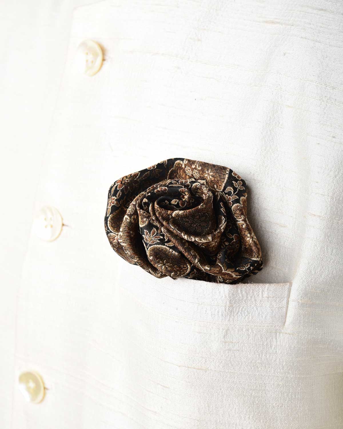 Black Damask Brocade Handwoven Silk Pocket Square for Men with Spiral Hand-Hemming-HolyWeaves