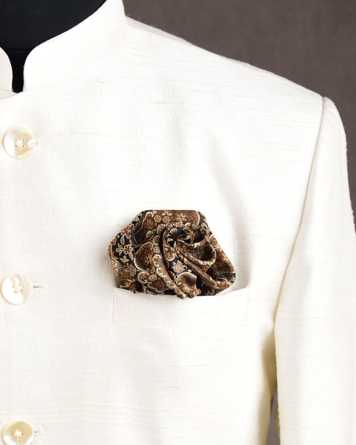 Black Damask Brocade Handwoven Silk Pocket Square for Men with Spiral Hand-Hemming-HolyWeaves