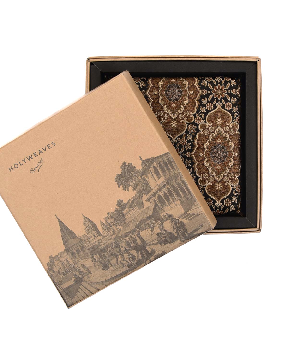 Black Damask Brocade Handwoven Silk Pocket Square for Men with Spiral Hand-Hemming-HolyWeaves