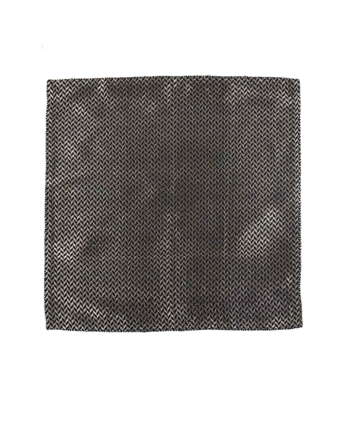 Silver On Black Zari Herringbone Brocade Handwoven Silk Pocket Square for Men with Spiral Hand-Hemming-HolyWeaves