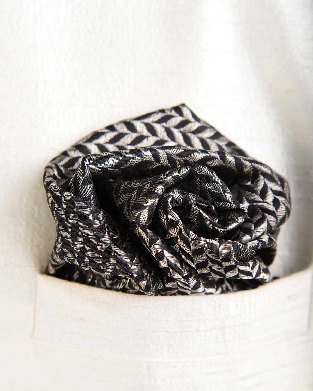 Silver On Black Zari Herringbone Brocade Handwoven Silk Pocket Square for Men with Spiral Hand-Hemming-HolyWeaves