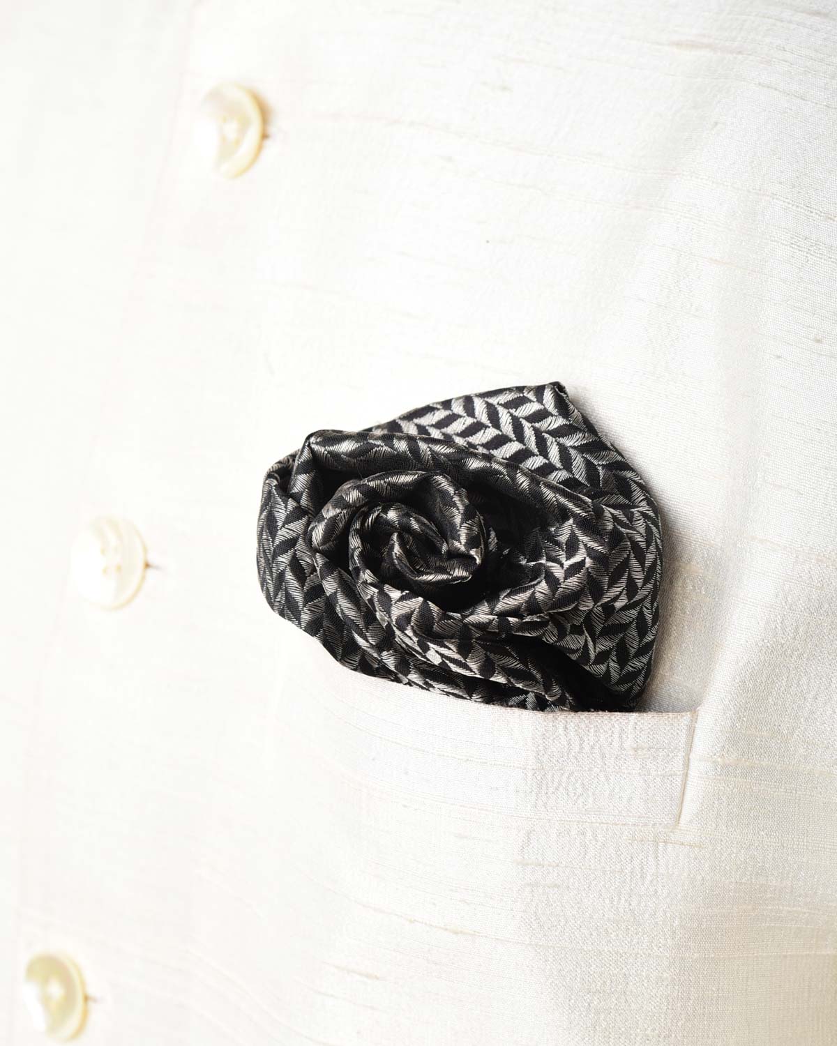 Silver On Black Zari Herringbone Brocade Handwoven Silk Pocket Square for Men with Spiral Hand-Hemming-HolyWeaves