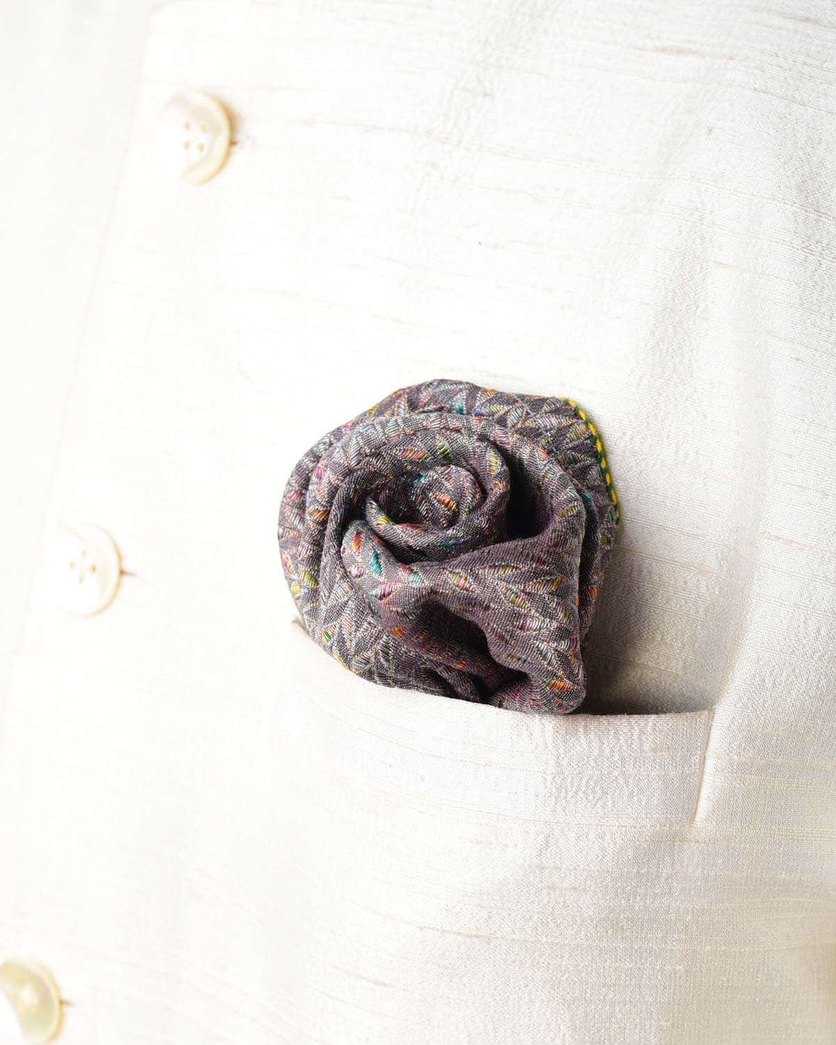 Rainbow Gray Variegated Zari Herringbone Brocade Handwoven Silk Pocket Square for Men with Spiral Hand-Hemming-HolyWeaves